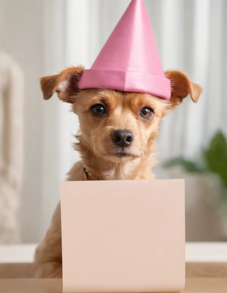 Make a Golddust Yorkshire dog by holding a blank paper on its front paws and wearing a pink cap