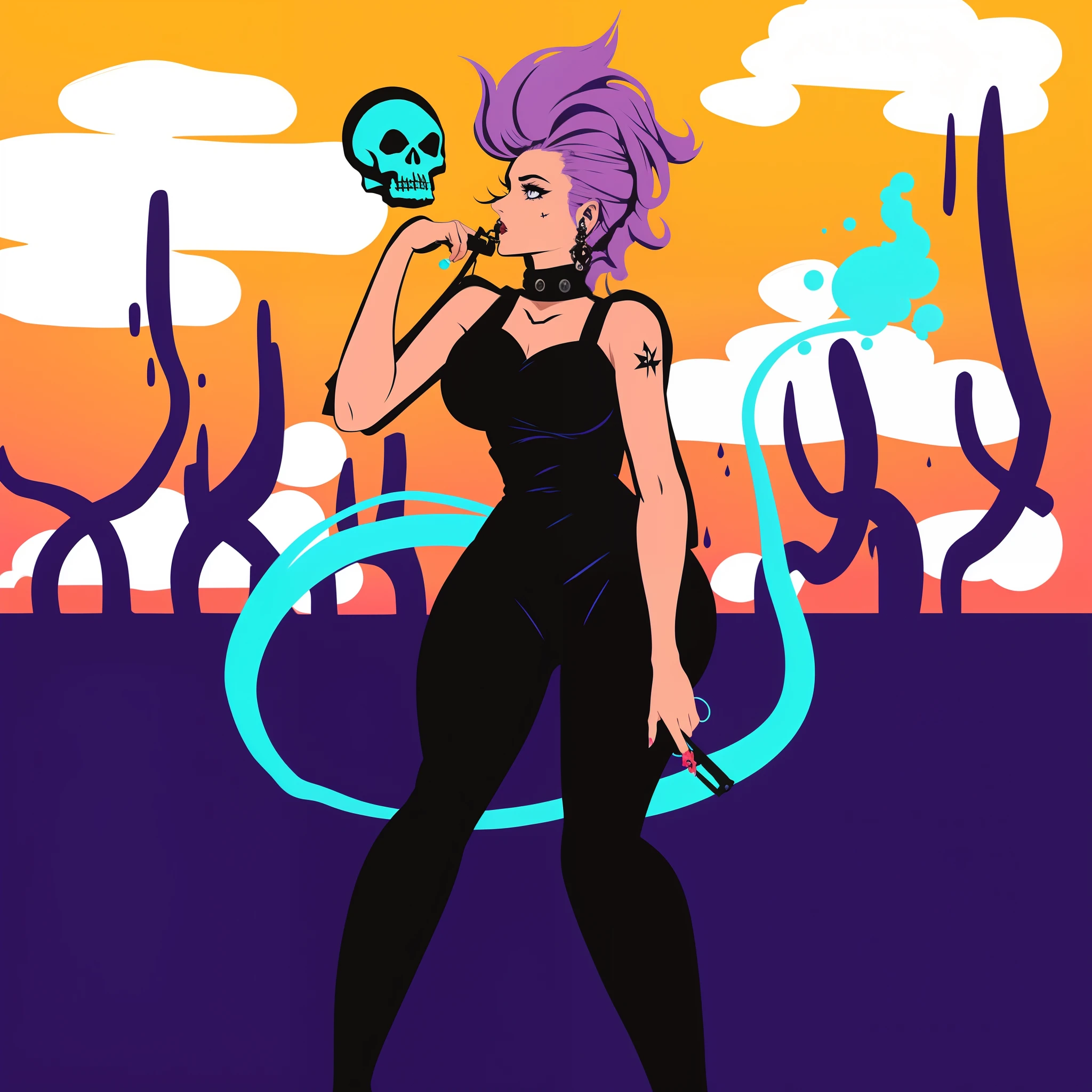 desenho animado de uma mulher em um vestido preto segurando uma caveira, morte feminina segurando um coquetel, Ciborgue sereia com um chicote laser, Inspirado em Loish, [ estilo de arte synthwave ]!! ]!!, bubble goth, [ estilo de arte synthwave ]!!, evil princess of the wasteland, menina necromante ciborgue santa, estilo de arte desconhecido, skulls at her hips