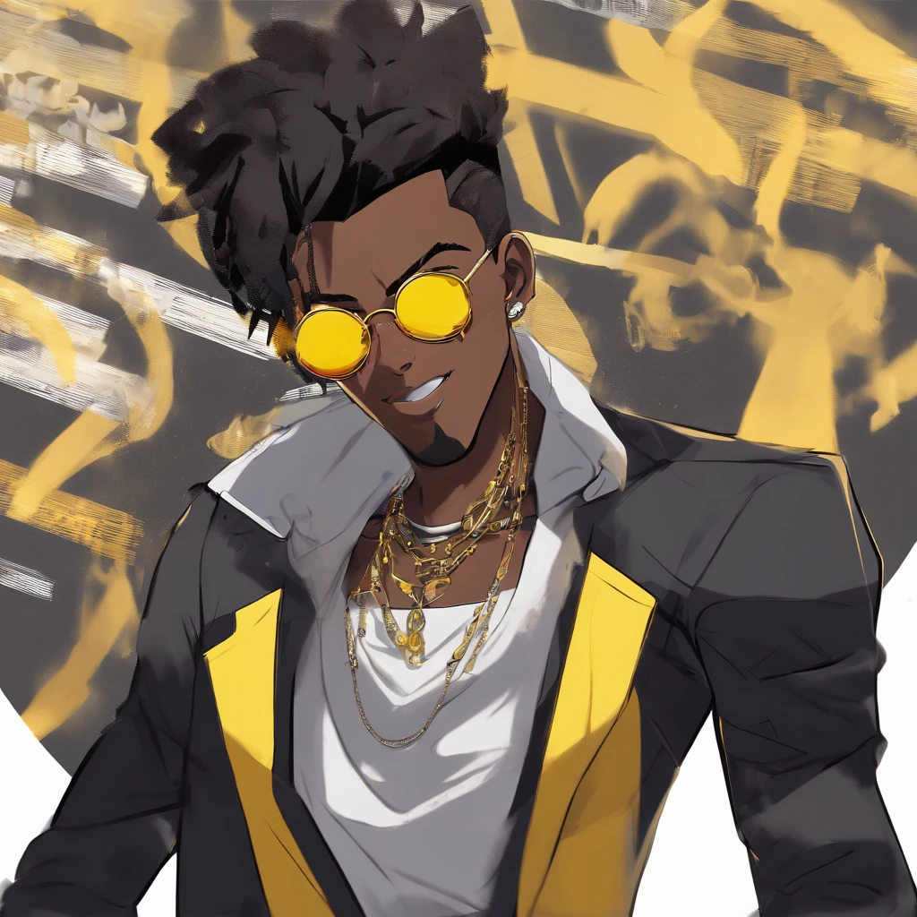 dark skin teenager wearing yellow sunglasses, black fur-trimmed coat over a dress shirt, and a beaded necklace. trigger anime artstyle, [[[[grinning evily]]]], portrait of ((mischievous)), , male anime character, young anime man, inspired by Miguel from Tekken, tall anime guy with steel blue eyes, fingerless gloves, surban streets with graffiti on the walls, faded haircut, slickback hair