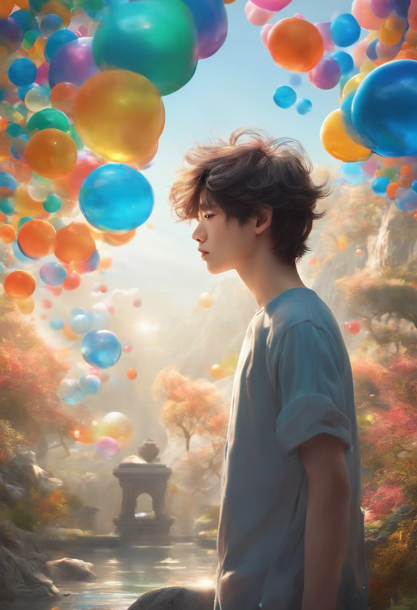 Xingqiu (masterpiece), (best quality), (ultra detailed),(disheveled hair),(illustration), (1boy), beautifuldetailedeyes,delicate beautiful face,Floating,(high saturation),(colorful splashes),colorful bubble,(shining),focus on face