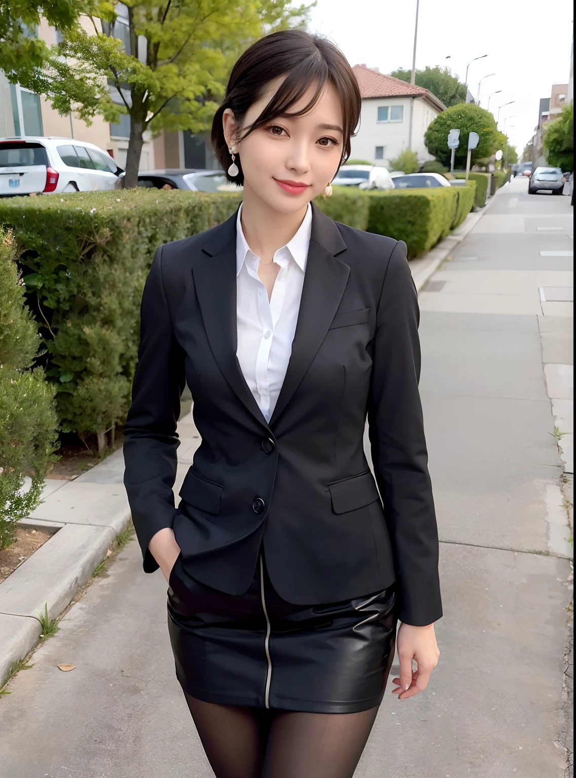 (8k, Best Quality, Masterpiece:1.2), (Realistic, Photorealistic:1.37), Ultra Detail, 1 Girl, Full Body, Outdoor, (Adjusted Hair:1.5) Office Lady, Black Office Blazer, Office Skirt, (pantyhose: 1.2), (short button-down shirt: 1.2), button-up collar prim, button-down collar prim, bra, (pantyhose: 1.2), alpha layer, high heels, beautiful earrings, cute, solo, beautiful detailed sky, (smile: 1.15), (closed mouth), small breasts, beautiful detailed eyes, business attire, (short hair: 1.2), floating hair NovaFrogStyle,