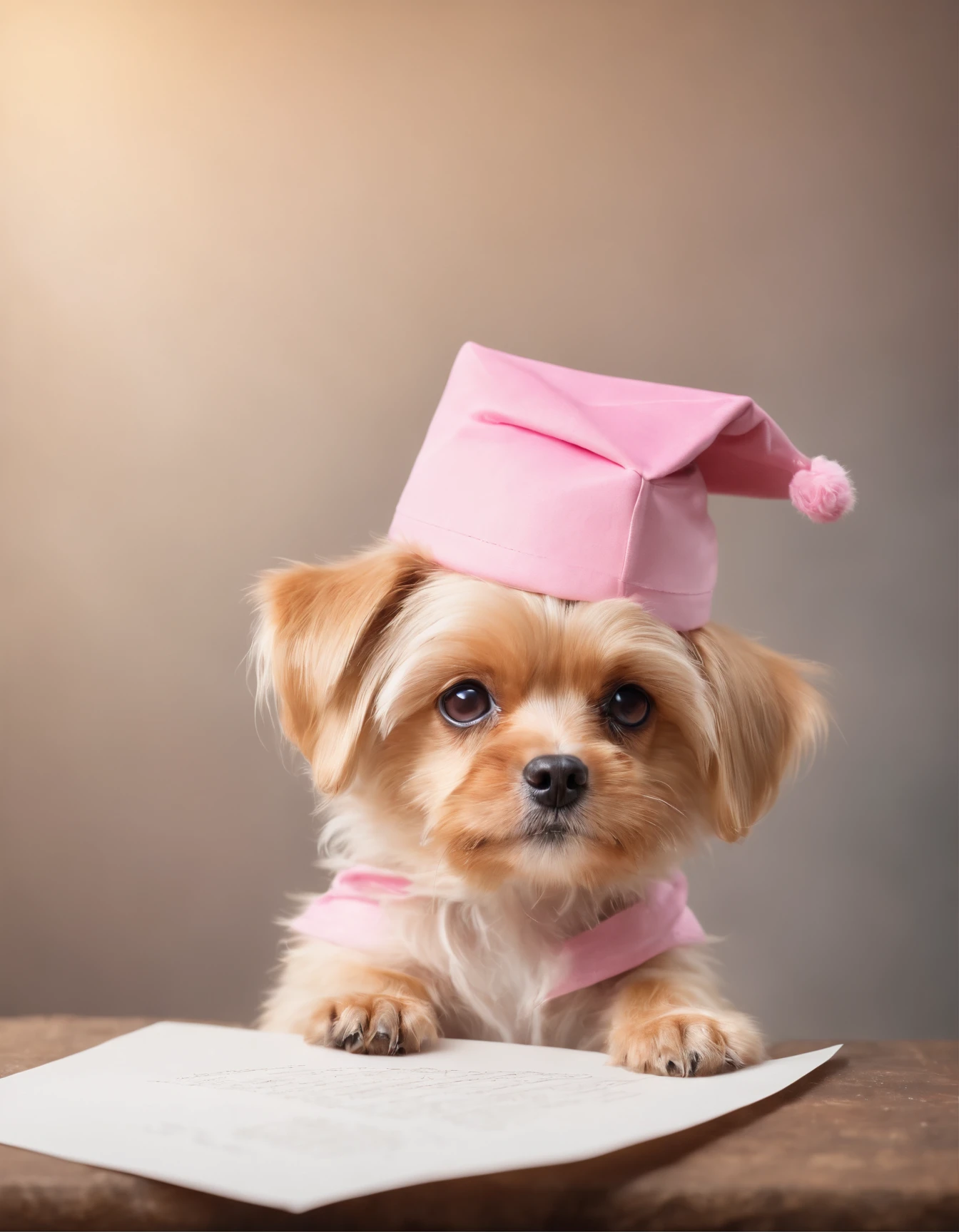 Make a Golddust Yorkshire dog by holding a blank paper on its front paws and wearing a pink cap
