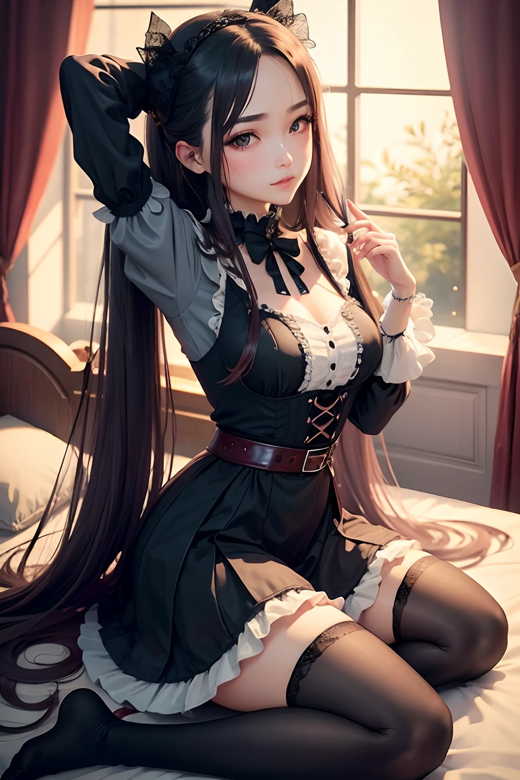 maid clothes、straight haired、A sexy、Glamour、perspiring、Gothic lolita、A slight smil、A sexy、Dark Gothic Makeup、put your hair up、bell sleeves、Wizard Sleeve、garterbelts、knee high socks、a bed、chies、Beautifying the world、Unhappy、17 age、long hair straight red、Lamenting My Night's Fantasy、