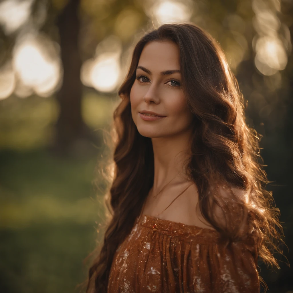 full-length photo Of A Beautiful Woman, Unique Dress, Vibrant, Depth of field, In Beautiful Dress, (( Natural Light)), (( Sunny Day )),(( Beautiful Clear Brown Eyes )), long Brown Hair, (( Unique Hair Ornament )), In Centre, (( Photorealistic )), DSLR, Highly Detailed, 4k, Extreme Details, Realistic, (( Wide Shot )), full-length photo, full-body shot