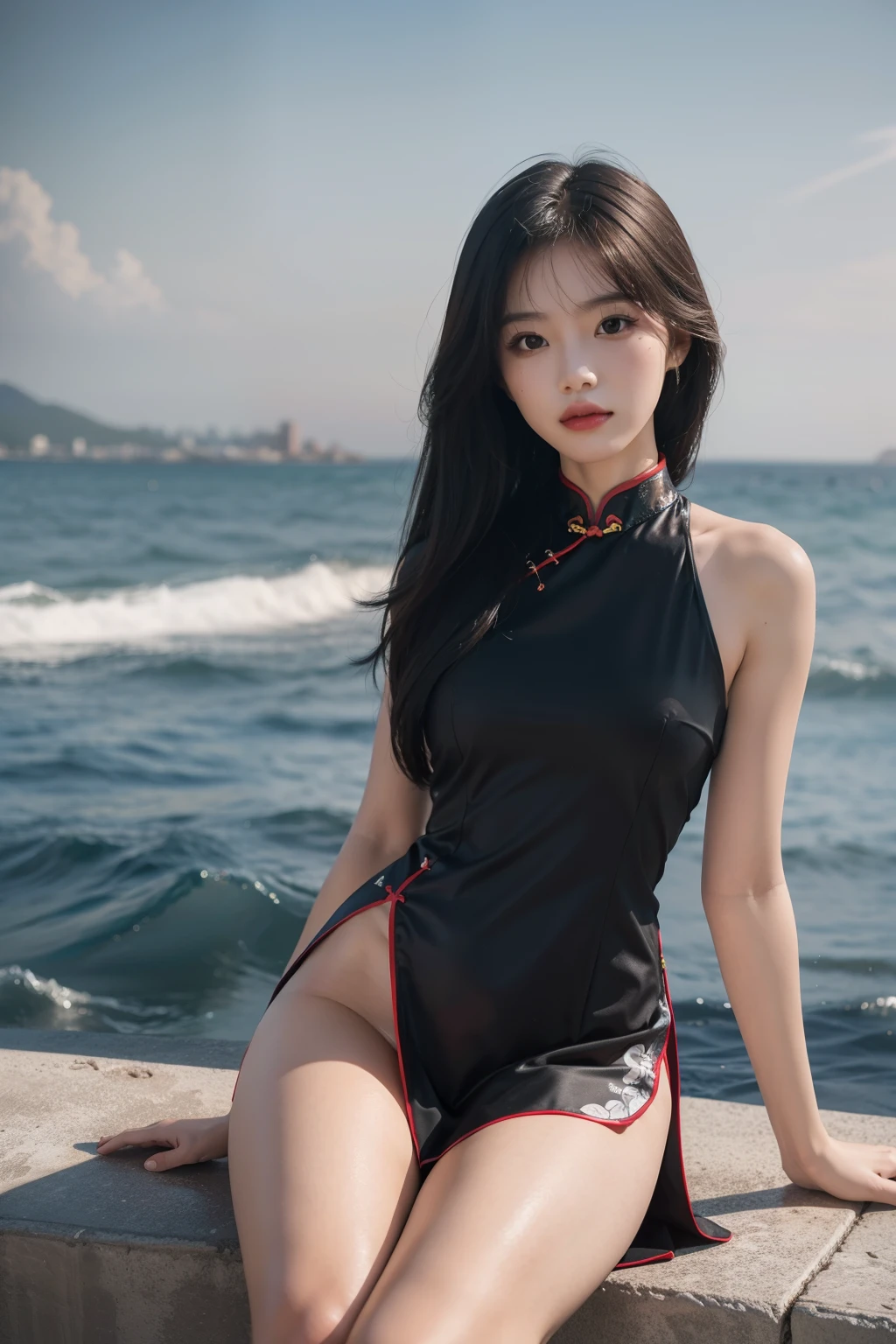 (full bodyesbian:1.5),(1girll:1.3),(view the viewer:1.4),(anatomy correct:1.4),(Sitting by the sea:1.2),(wearing cheongsam:1.2),(Accurate and perfect face:1.3),(Long legs:1.3),hyper HD, Ray traching, reflective light, structurally correct, Award-Awarded, High detail, Fade-in and fade-out shadow contrast, Face lighting ,Cinematic lighting, Masterpiece, super detailing, High quality, High detail, Best quality, 16k,High contrast,