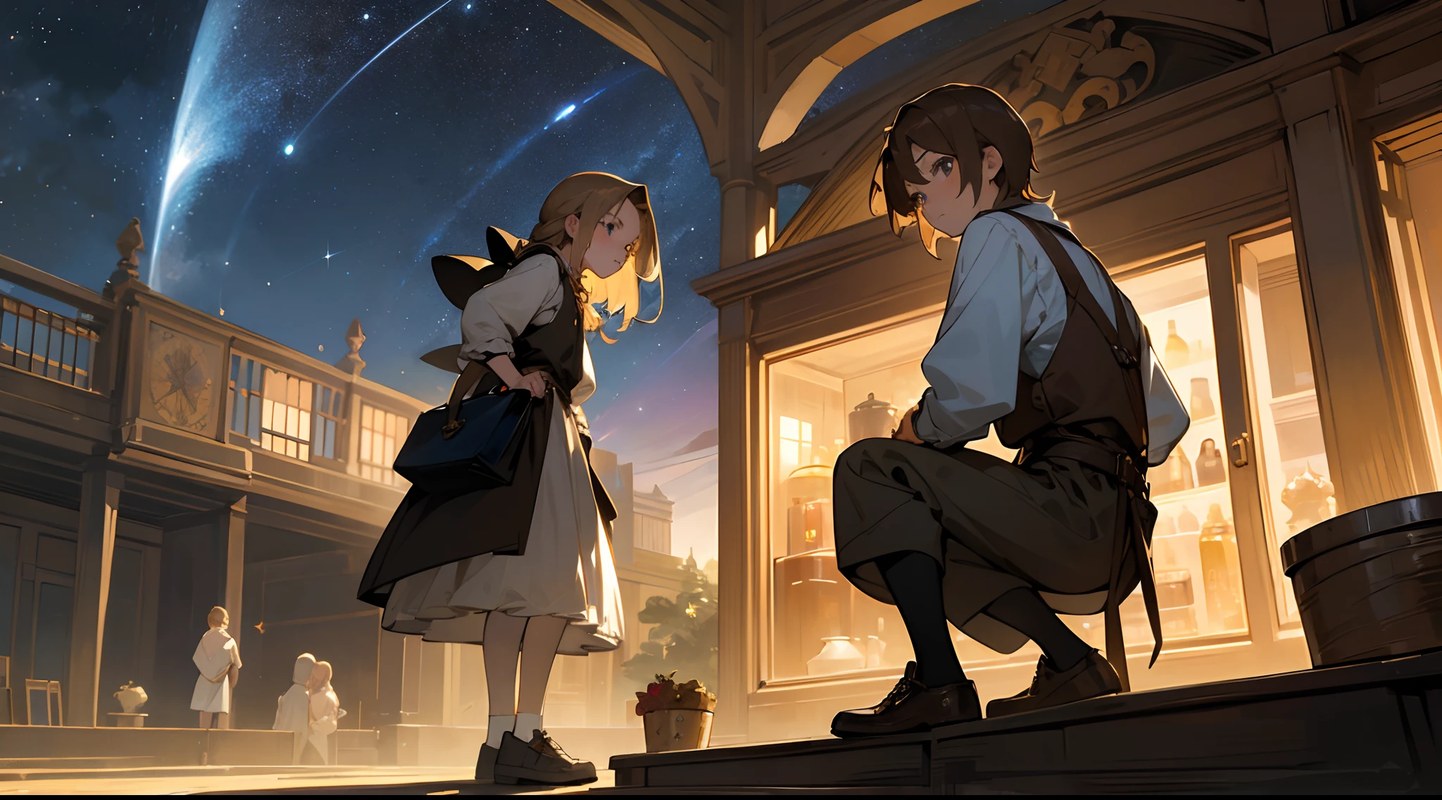 masterpiece, best quality, high quality, ultra detailed, and 1younger boy, adventurer, brown hair, honey eyes, sad, wearing shoes and 1younger girl, peasant, blonde, blue eyes, sad, wearing shoes, in front of a store, Starry sky, Sparse light, Night, anime