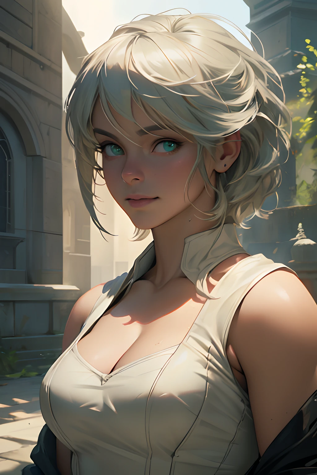 masterpiece, highres, photorealistic, real, Real photo, best quality, 8k, best quality, realistic, ultra-detailed, perfect lighting, cinematic lighting, warm light, female, solo,  looking at viewer,  wide shot, happy face, ultra detailed skin, ciri_, medieval, outdoors, cleavage, longsword, green eyes, magic,