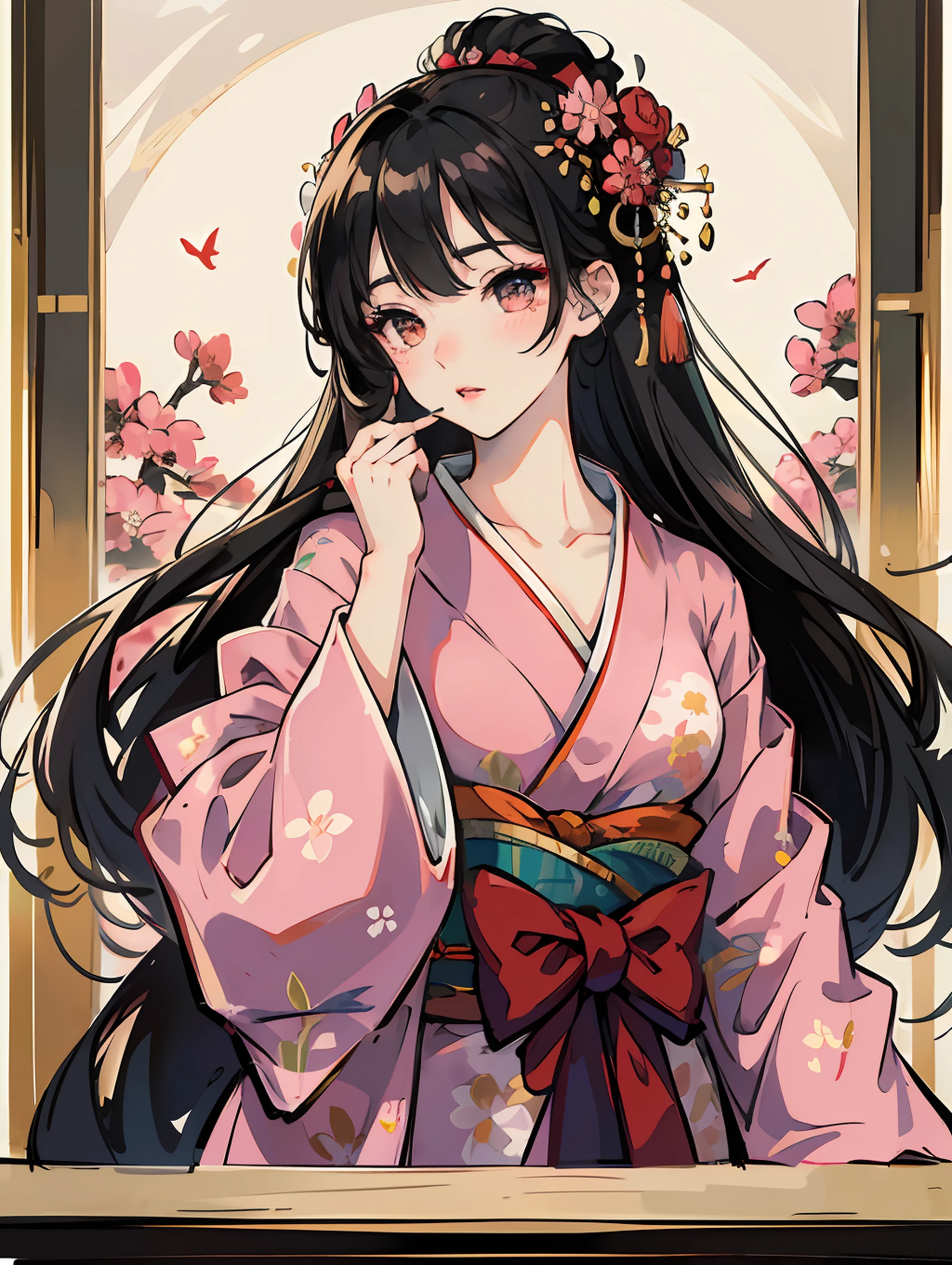 master-piece,hyper quality,hyper detailed,perfect drawing,solo、kimono beauty,kimono,black hair,japanese hair,half-open lips,sink eyes,elegant,splendid,beautiful,blush (0.2), glittering, beautiful, gorgeous, gentle, forward light, natural light, flowers and birds wind moon, Japanese-style room, lipstick painting gesture with index finger, accurate drawing, detailed drawing, --auto --s2