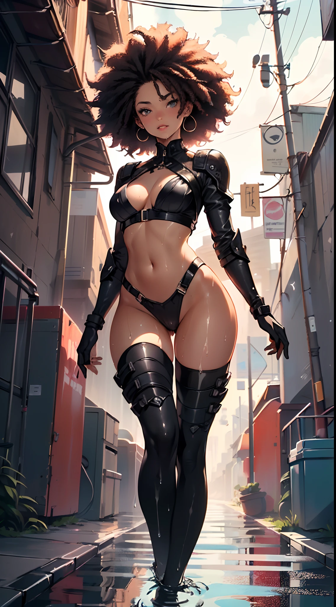girl spacepunk,(((1girl))),((cute and beautiful afro haired girl)),((((black race)))),
(large breasts:1.4),saggy breasts,((((black afro hair:1.35,((afro hair:1.35)),afrohair,afro:1.35,dark hair,black hair,)))),medium hair, red:1.5,(((heterochromia:1.5,eye1 orange,eye2 red))),intricate eyes,beautiful detailed eyes,symmetrical eyes,((fat)),((((tan,dark skin,black skin:1.35,dark-skinned_female,dark skin:1.3,ebony skin,lustrous skin:1.5,bright skin: 1.5,shiny skin,very shiny skin,shiny body,illuminated skin,wet legs)))),(spider lower abdomen,narrow waist,wide hip,athletic body,inflated legs,delicate detailed fingers),(((detailed face))),
cute,slutty,sensual,seductive look,seductive,erotic,enchanting,((nsfw)),
zettai ryouiki,revealing clothing,show skin,(wearing a mechanical space body armor:1.3,micro armor bikini,bare legs,an armored arm),(((wet clothes,intricate outfit,intricate clothes))),
(dynamic pose:1.0),solo focus,embarrassed,(centered,scale to fit dimensions,Rule of thirds),
cyberpunk city by the ocean at night, with bright neon signs and dark stormy clouds and puddles, scenery:1.25,
artistic photography,(photography taken by sldr),highres, sharp focus, (ultra detailed, extremely detailed), (photorealistic artwork:1.37),(extremely detailed CG unity 8k wallpaper),((synthwave background theme)),(((vibrant colors))),(intricate background),(masterpiece),(best quality),