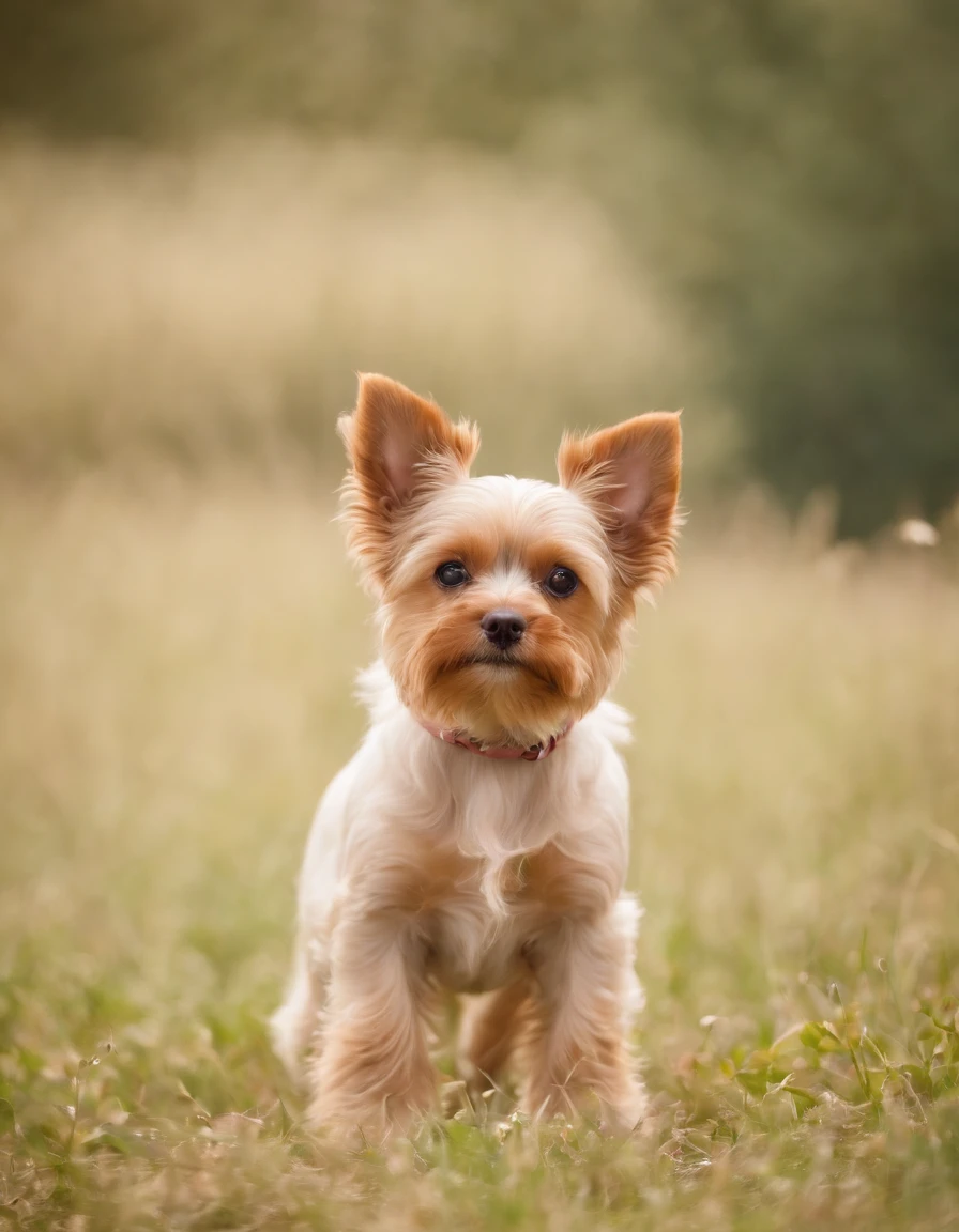 Make a Golddust Yorkshire dog from ears to standing, focinho delicado, segurando um papel em pe sem nada esceito com as suas patas dianteiras e usando um chapeu lindo na cor de rosa