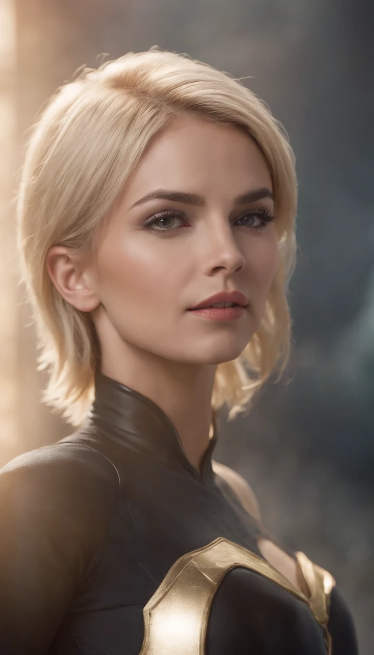Mulher brasileira, With precise characteristics, maxilar forte,short hair, blonde hair, dynamic angled shot, neck zoomed in, Side view profile center, High-angle wide-angle view, Vestindo um uniforme militar futurista, science fiction
