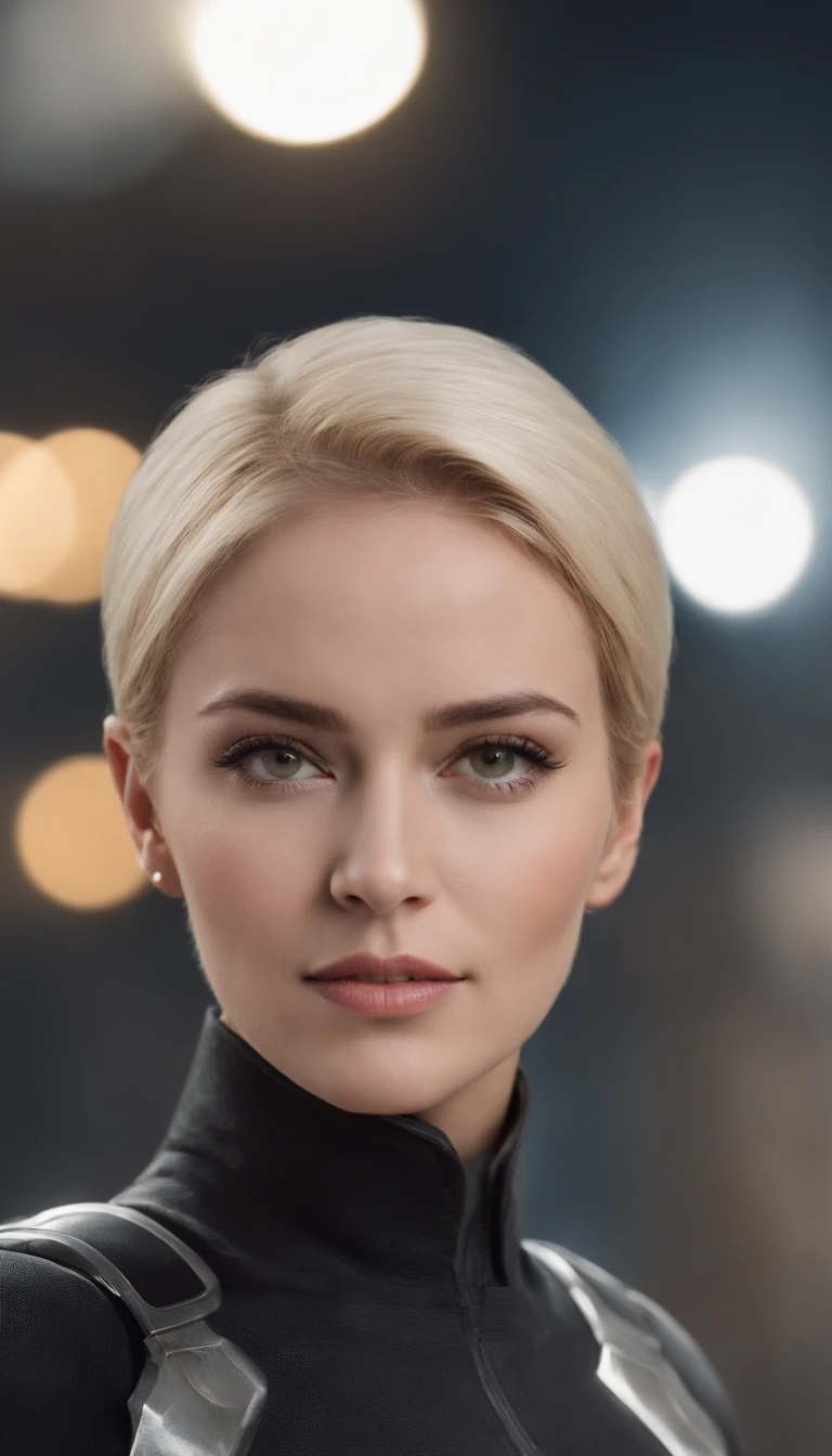 Mulher brasileira, With precise characteristics, maxilar forte,short hair, blonde hair, dynamic angled shot, neck zoomed in, Side view profile center, High-angle wide-angle view, Vestindo um uniforme militar futurista, science fiction