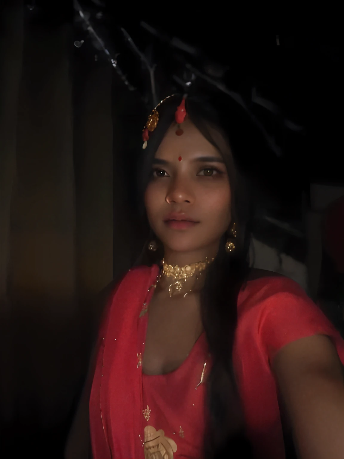 a close up of a woman in a red dress with a gold necklace, indian, indian goddess, traditional beauty, at night time, wearing bihu dress mekhela sador, low quality video, provocative indian, indian girl with brown skin, candid!! dark background, very very low quality picture, night time footage, assamese aesthetic, very beautiful girl