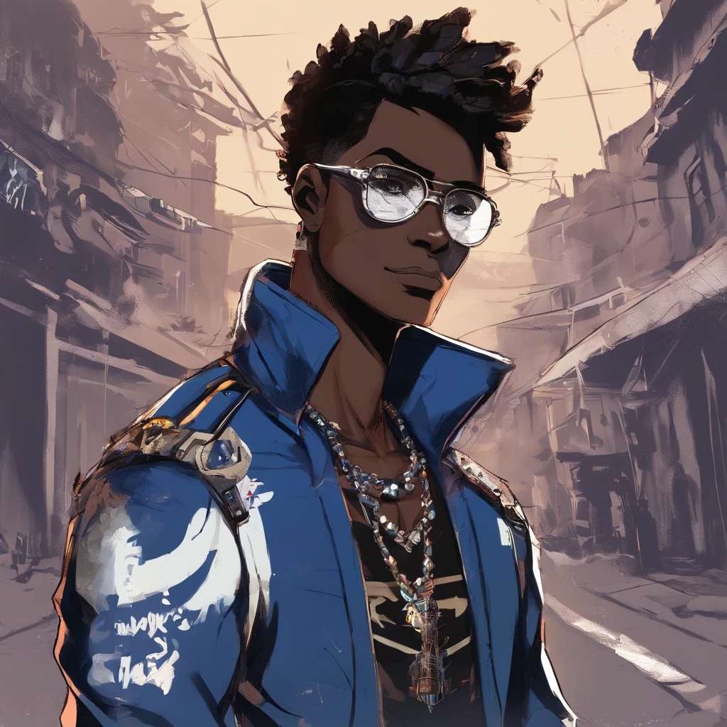 dark skin ager wearing dark blue sunglasses, black fur-trimmed coat over a dress shirt, and a beaded necklace. trigger anime artstyle, [[[[grinning evily]]]], portrait of ((mischievous)), , male anime character, young anime man, inspired by Miguel from Tekken, tall anime guy with steel blue eyes, fingerless gloves, surban streets with graffiti on the walls, faded haircut, slickback hair