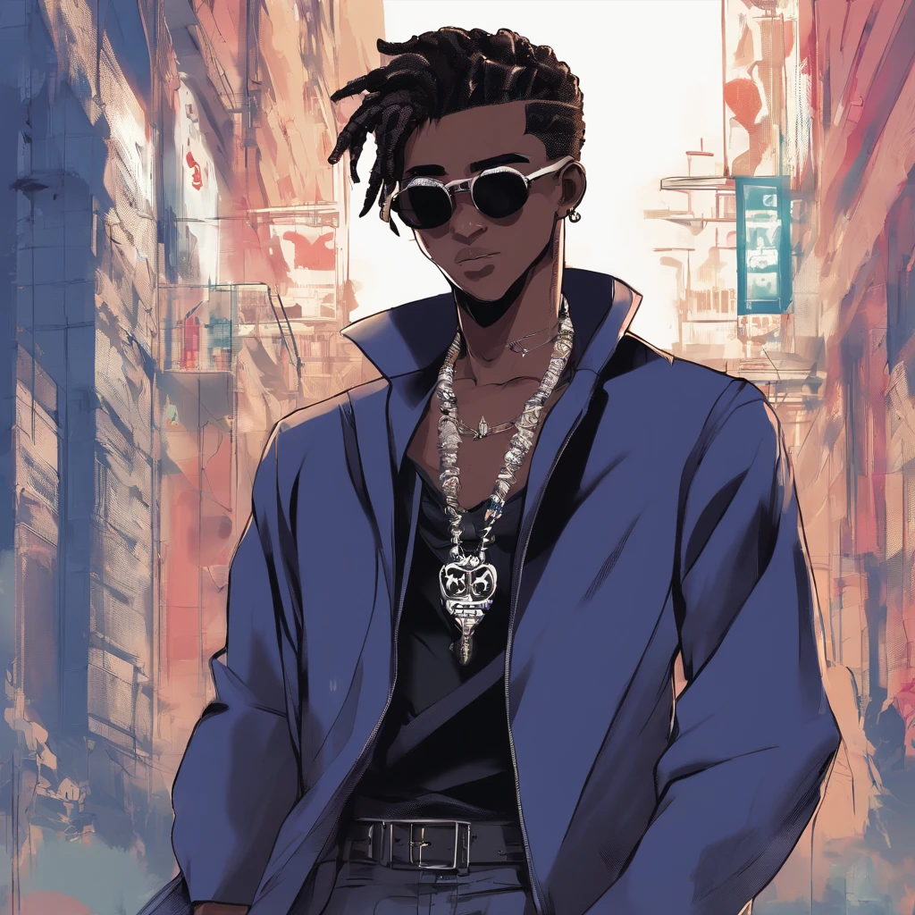 dark skin teenager wearing dark blue sunglasses, black fur-trimmed coat over a dress shirt, and a beaded necklace. trigger anime artstyle, [[[[grinning evily]]]], portrait of ((mischievous)), , male anime character, young anime man, inspired by Miguel from Tekken, tall anime guy with steel blue eyes, fingerless gloves, surban streets with graffiti on the walls, faded haircut, slickback hair