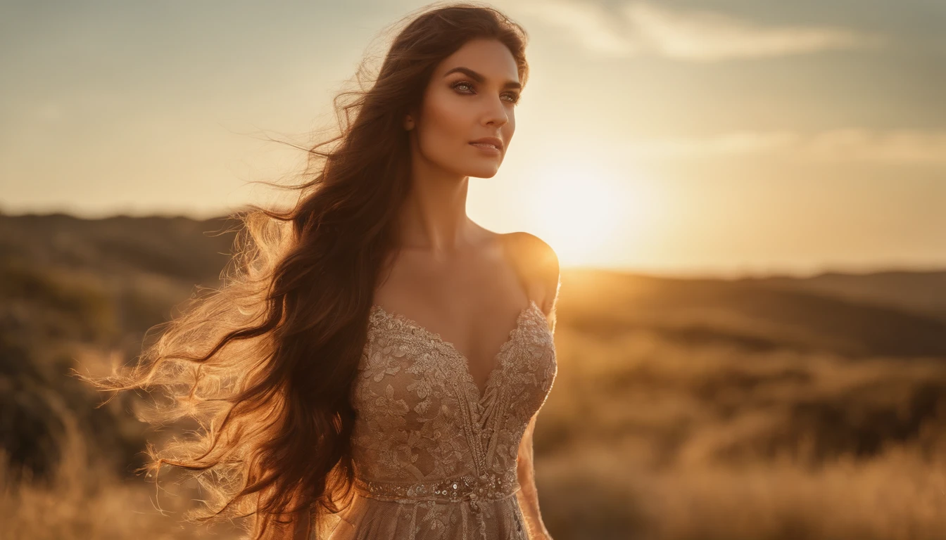 full-length photo Of A Beautiful Woman, Unique Dress, Vibrant, Depth of field, In Beautiful Dress, (( Natural Light)), (( Sunny Day )),(( Beautiful Clear Brown Eyes )), long Brown Hair, (( Unique Hair Ornament )), In Centre, (( Photorealistic )), DSLR, Highly Detailed, 4k, Extreme Details, Realistic, (( Wide Shot )), full-length photo, full-body shot