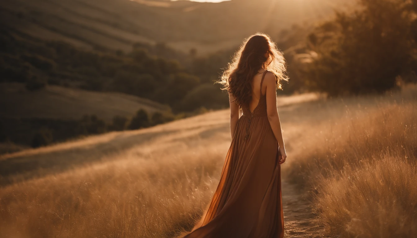 full-length photo Of A Beautiful Woman, Unique Dress, Vibrant, Depth of field, In Beautiful Dress, (( Natural Light)), (( Sunny Day )),(( Beautiful Clear Brown Eyes )), long Brown Hair, (( Unique Hair Ornament )), In Centre, (( Photorealistic )), DSLR, Highly Detailed, 4k, Extreme Details, Realistic, (( Wide Shot )), full-length photo, full-body shot