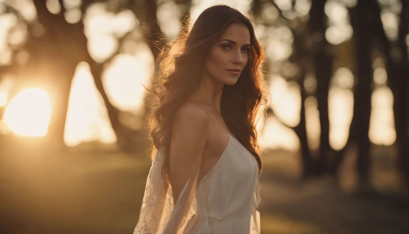 full-length photo Of A Beautiful Woman, Unique Dress, Vibrant, Depth of field, In Beautiful Dress, (( Natural Light)), (( Sunny Day )),(( Beautiful Clear Brown Eyes )), long Brown Hair, (( Unique Hair Ornament )), In Centre, (( Photorealistic )), DSLR, Highly Detailed, 4k, Extreme Details, Realistic, (( Wide Shot )), full-length photo, full-body shot