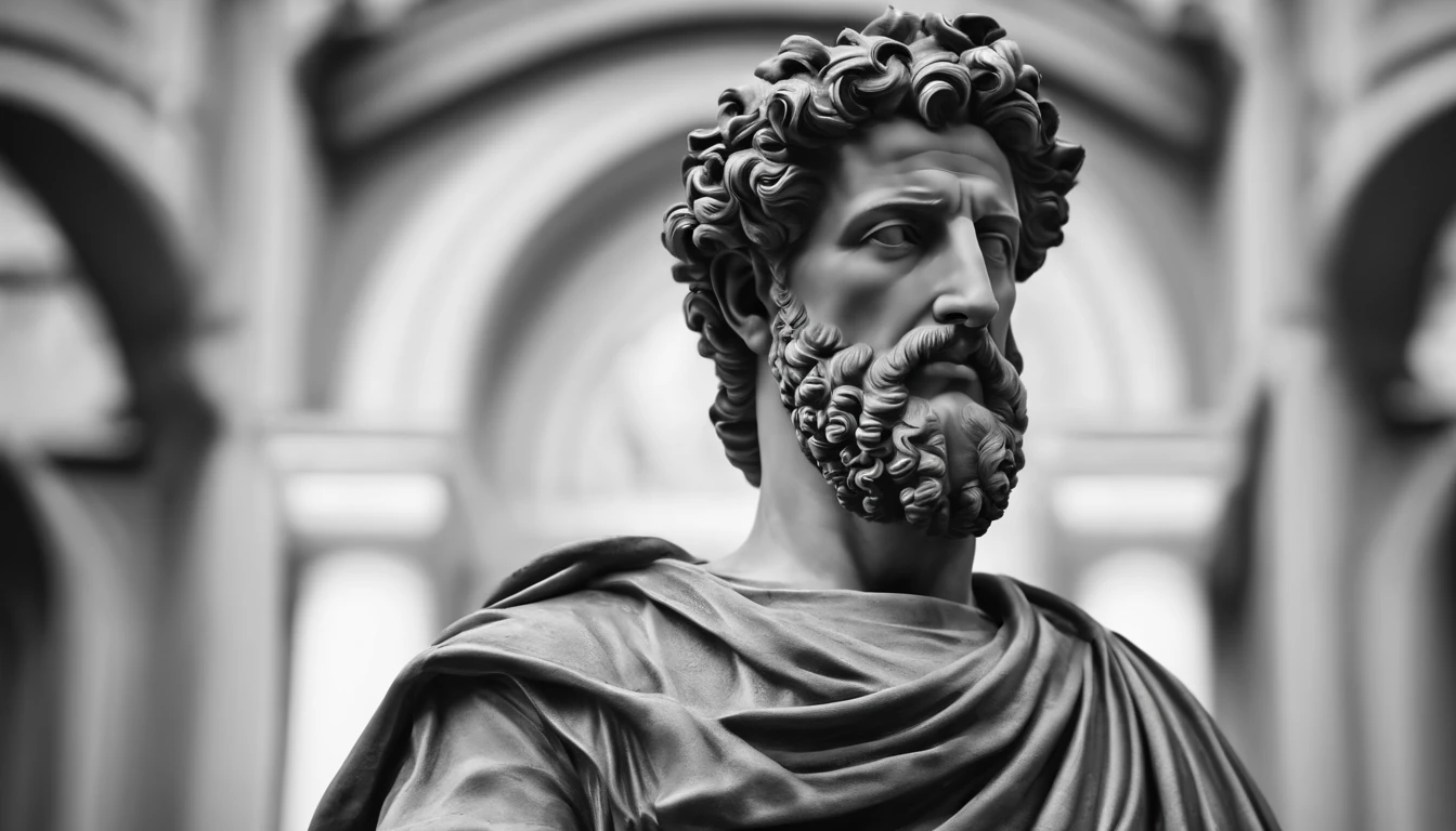 a portrait statue of the stoic Marcus Aurelius in black and white 4K,Face de lado, papel de parede super realista