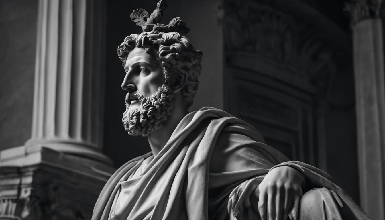 a portrait statue of the stoic Marcus Aurelius in black and white 4K,Face de lado, papel de parede super realista