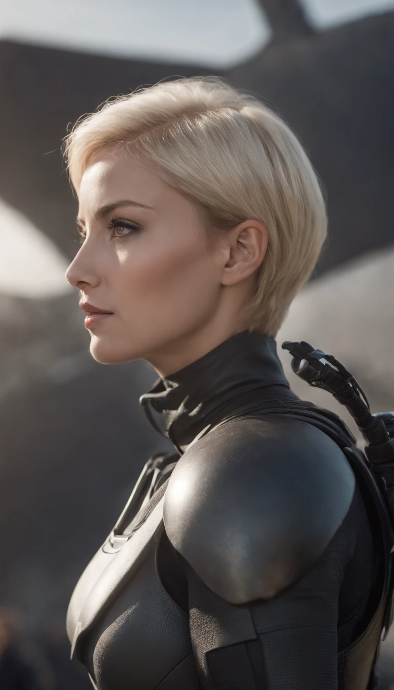 Mulher brasileira  negra , With precise characteristics, maxilar forte,short hair, blonde hair, dynamic angled shot, neck zoomed in, Side view profile center, High-angle wide-angle view, Vestindo um uniforme militar futurista, science fiction