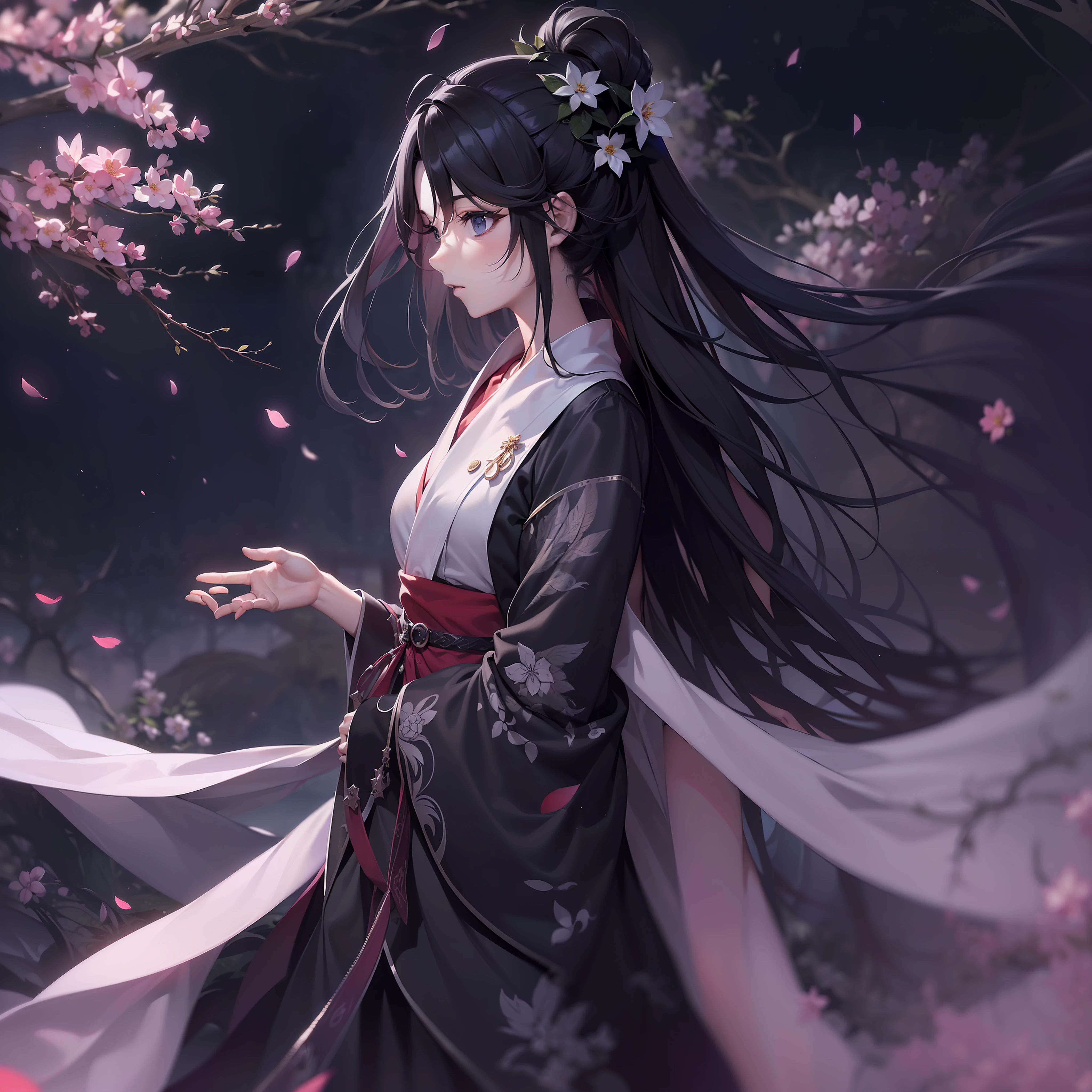 (tmasterpiece, best qualtiy, hyper-high detail, style of anime,HDR,8K,anime wallpaper,a sense of atmosphere,4K,absurderes,ancient wind,Dark wind)(s girl,Long black hair that reaches the shoulders,Wears a black shawl,White robe with a plum blossom pattern)(Huge dark space as background)