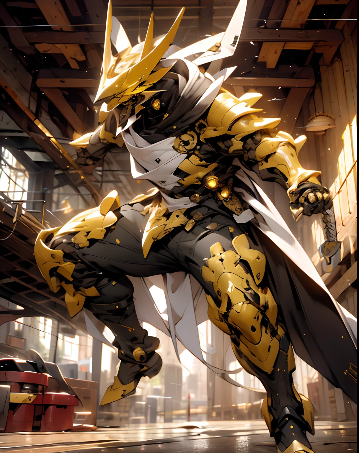 Sculpture portrait of a robotic rooster wearing a hoodie, vibrant lighting, elegant, highly detailed, smooth, sharp focus, illustration, beautiful, geometric, trending on artstation, full body, cinematic, artwork by Borovikovsky Super Realistic, Hyper Realistic, Super Detailed, (cybersamurai, 1boy, ((solo)), attacking with sword, wearing armor and mask, cape, glowing beautiful eyes, glow:1.3)