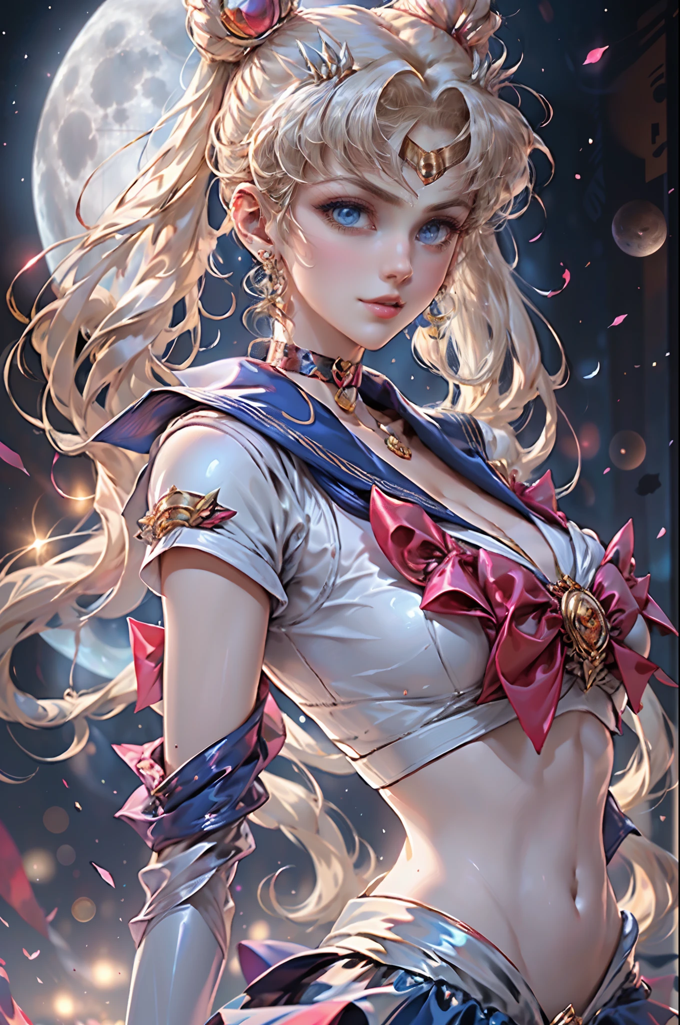 masutepiece, full: 1.3, to stand, 8K, 。.。.3D, Realistic, Ultra Micro Photography, of the highest quality, Extreme Details CG Unity 8K Wallpapers, From below, Intricate details, (1 female), 28 years old, (meishaonv,Sailor Moon,tiarra, Sailor Senshi Uniform Sailor: 1.2, Sailor Moon: 1.2), Incredibly long bright twin-tailed blonde, Thin and very long straight twin tail blonde, Hair bun, Red round hair ornament in a hair bun, Sailor Senshi Uniform, huge tit, (Silver-blue collar, blue sailor collar, Silver blue pre-gate ultra mini skirt: 1.3,Pants are visible,Super High Leg Swimsuit,  very large red bow on the chest,,: 1.3, Long white latex gloves: 1.3, Red gloves on the elbows, very large red bow behind the waist,: 1.1, cleavage looks bigger:1.2, a golden tiara, earrings), (Face Details: 1.5, Bright blue eyes, Beautiful face, Beautiful eyes, shiny eyes, thin lips: 1.5, thin and sharp pale eyebrows, long dark eyelashes, Double eyelashes), Luxurious Golden Jewelry, Thin, thin and muscular,,, a small face, Perfect proportions, thin waist, SEXY Model Pose, Visible Pore, Seductive smile, Perfect hands: 1.5, Very thin and fitting high gloss silver-white holographic leather, Octane Rendering, highly dramatic picture, Strong natural light, Sunlight, exquisite lighting and shadow, Dynamic Angle, Digital SLR, Sharp Focus: 1.0, Maximum clarity and sharpness, (Space background,Moon, dynamic background, Detailed background),(Rabbit, Double bun, Twin-tailed, Parted bangs, circlet, Jewelry, earrings, Choker, Red bow, White Gloves, elbow groves, Blue skirt
),nffsw