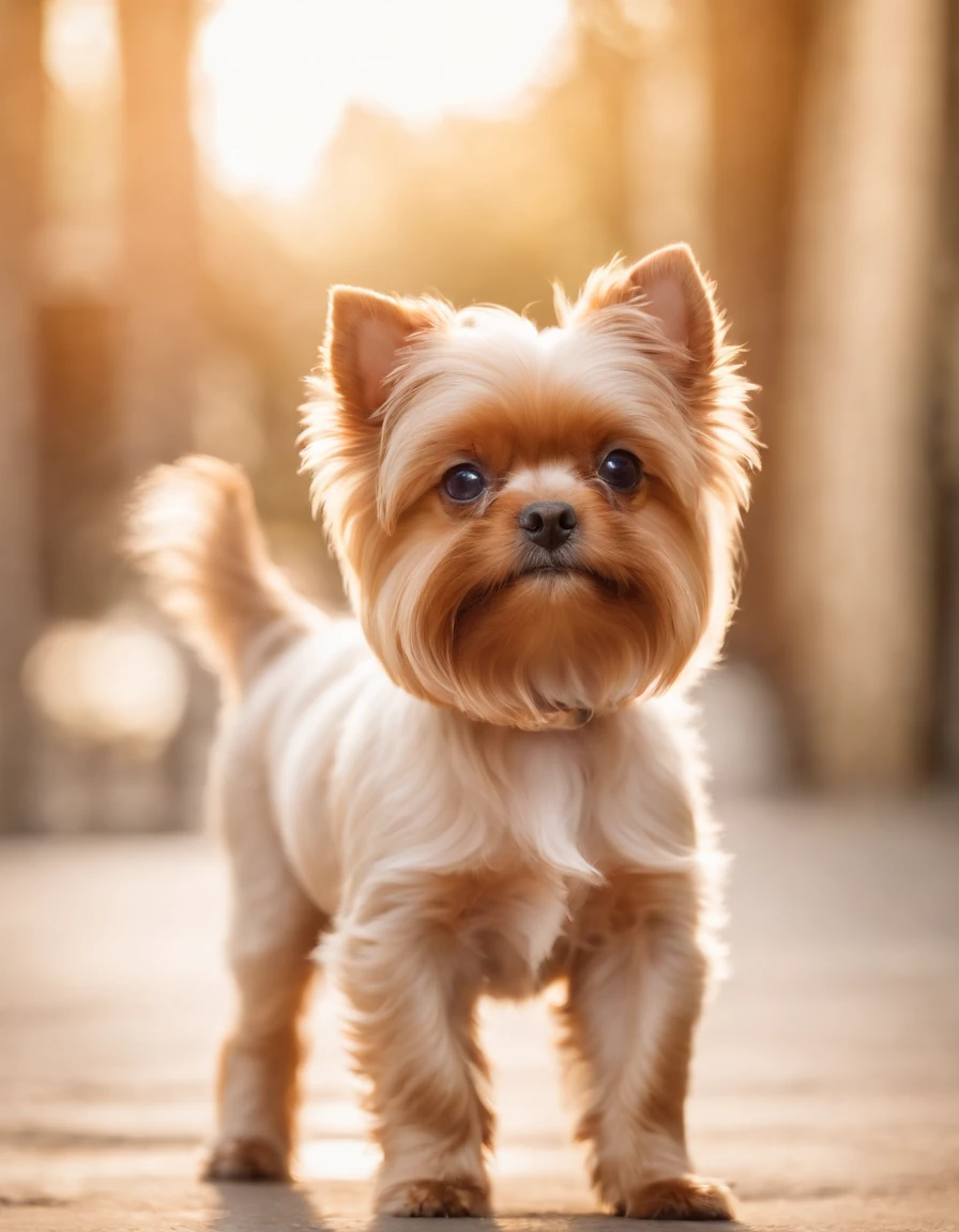 Make a Golddust Yorkshire dog from ear to toe,. This dog has a delicate snout and is a female. Ela esta mostrando um papel que segura com suas patas da frente. E ela tambem esta usando um lindo chaoeu bordado na cabeca.