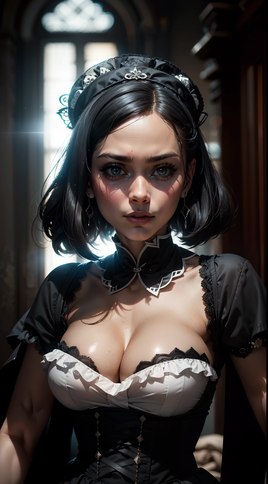 Black and white portrait of a young Gothic ta, estilo grimdark, Woman, estilo grimdark, Close-up, Pale skins, maquiagem pesada, profundidade de campos, Bokeh, analogue style, Uma foto de em. Eugenio Smith, (B&em, monocromatic), fotorrealista, hyper-realistic, hiper-detalhado, Filme noir, pele detalhada, Poros, pele fosca, soft lighting, Subsurface scattering, Realistic, sombra pesada, master part, best quality, 8k, proportion Aurea, intrincado, cinematic movie photograph, Afiado completo, Foco suave