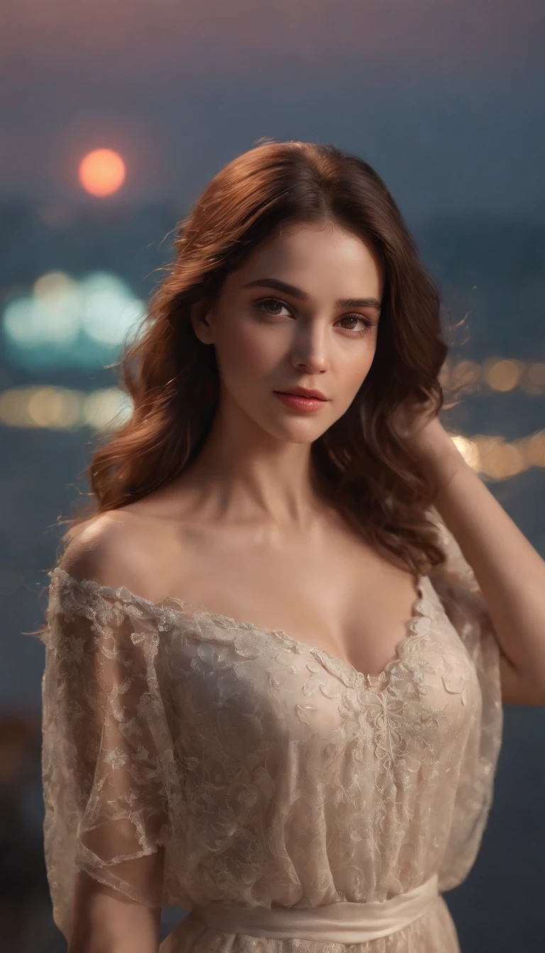(Best quality,Ultra-detailed,Realistic:1.37),Image of a woman in a flowing chiffon dress,Beautiful and delicate face and lips,Elaborate Eyes,Long eyelashes,Peaceful night sky,The stars twinkle,Ethereal atmosphere