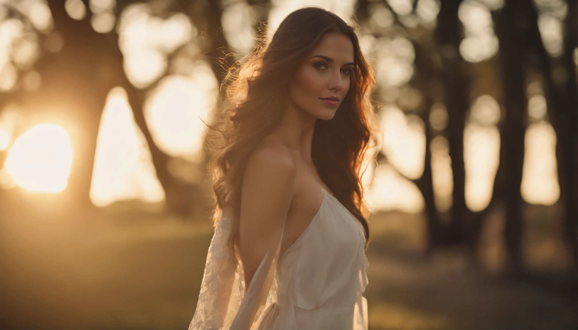 full-length photo Of A Beautiful Woman, Unique Dress, Vibrant, Depth of field, In Beautiful Dress, (( Natural Light)), (( Sunny Day )),(( Beautiful Clear Brown Eyes )), long Brown Hair, (( Unique Hair Ornament )), In Centre, (( Photorealistic )), DSLR, Highly Detailed, 4k, Extreme Details, Realistic, (( Wide Shot )), full-length photo, full-body shot