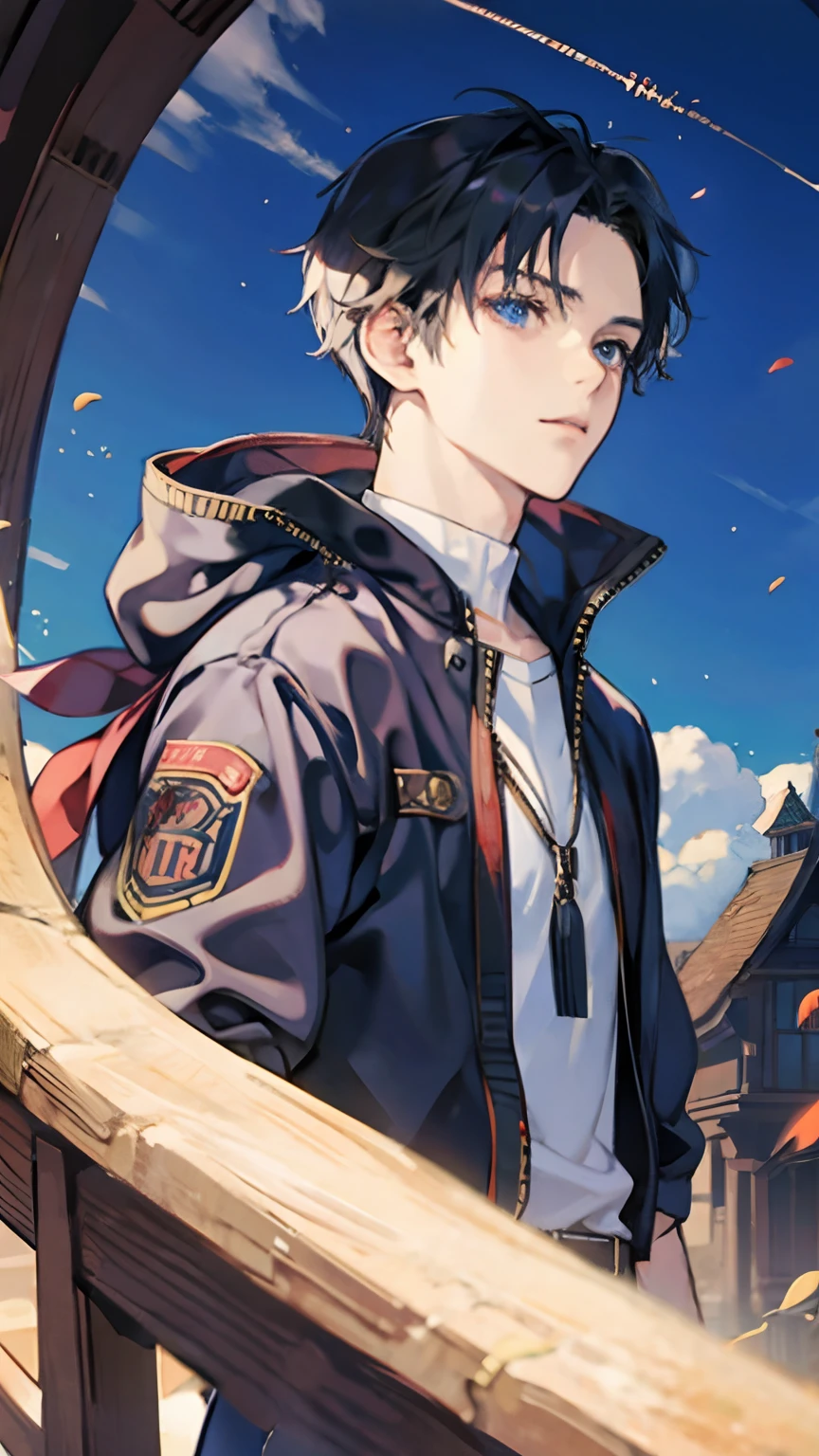 ((Best quality)), ((masterpiece)), (detailed), ((perfect face)), ((halfbody)) a character from pretty cure in male version, handsome boy with an anime eyes in a detailed sanctuary background and a ruined church beside an ocean