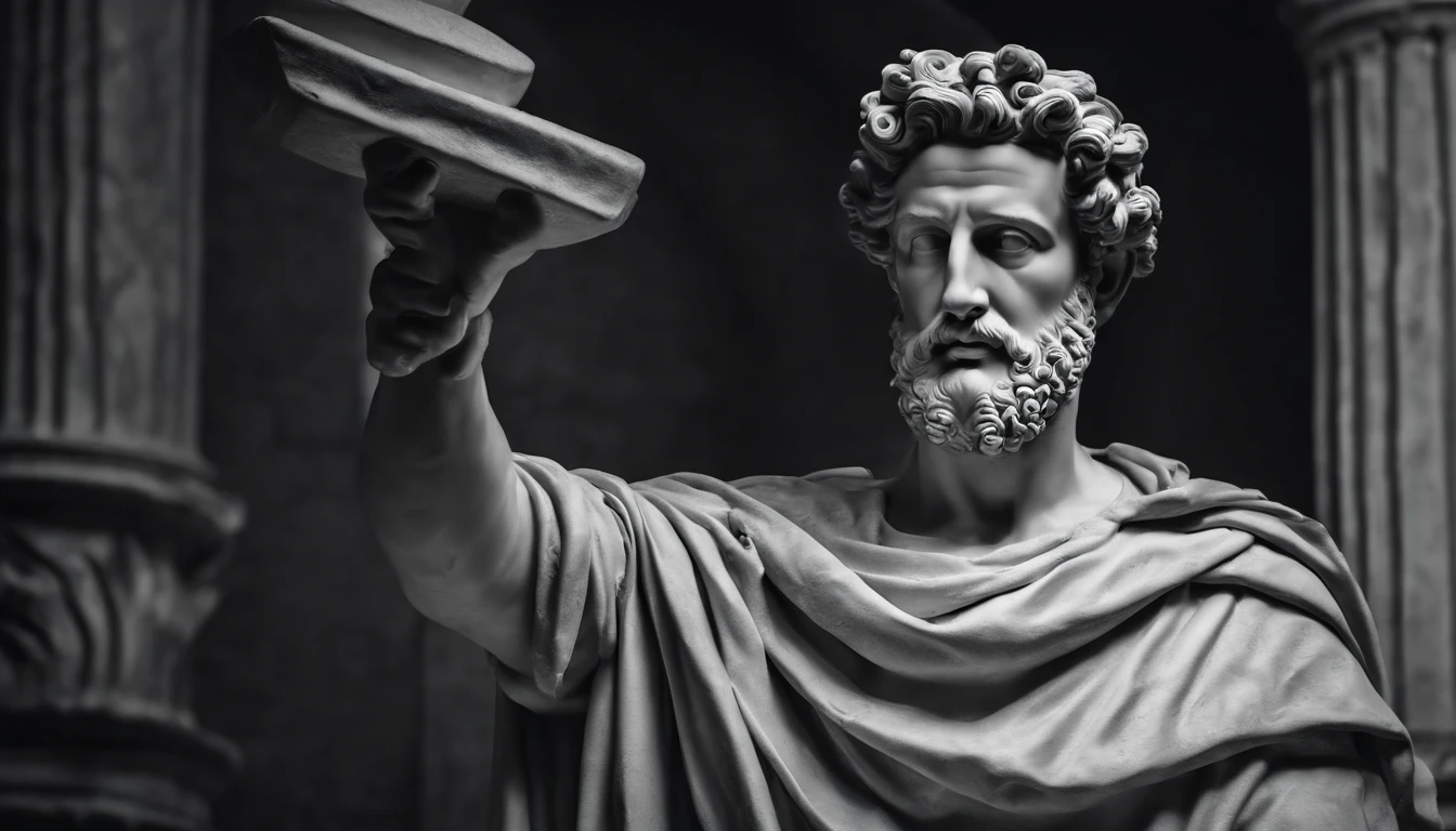 a portrait statue of the stoic Marcus Aurelius in black and white 4K,Face de lado, papel de parede super realista