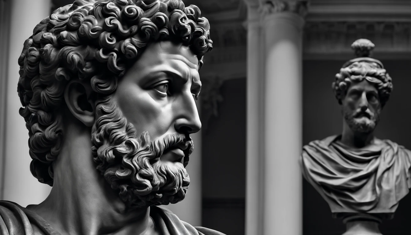Muscular statue of Greek philosopher, barba grande, cinemactic, fundo escuro, 8k, ultra realistic, Scenario 2,000 years ago