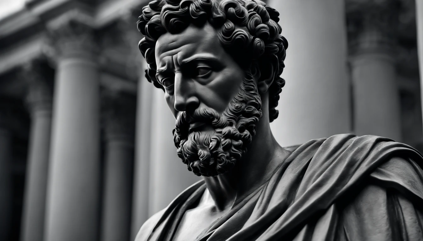 a portrait statue of the stoic Marcus Aurelius in black and white 4K,Face de lado, papel de parede super realista