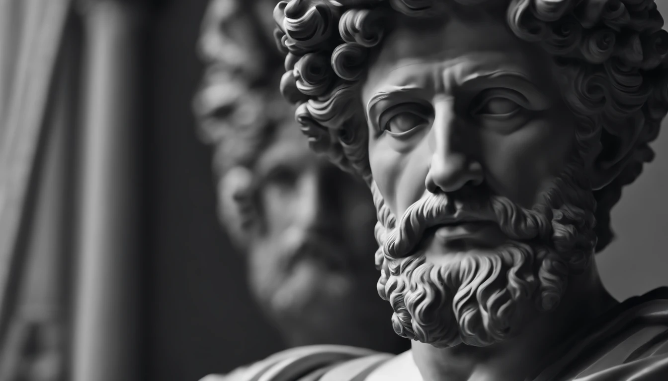 a portrait statue of the stoic Marcus Aurelius in black and white 4K,Face de lado, papel de parede super realista