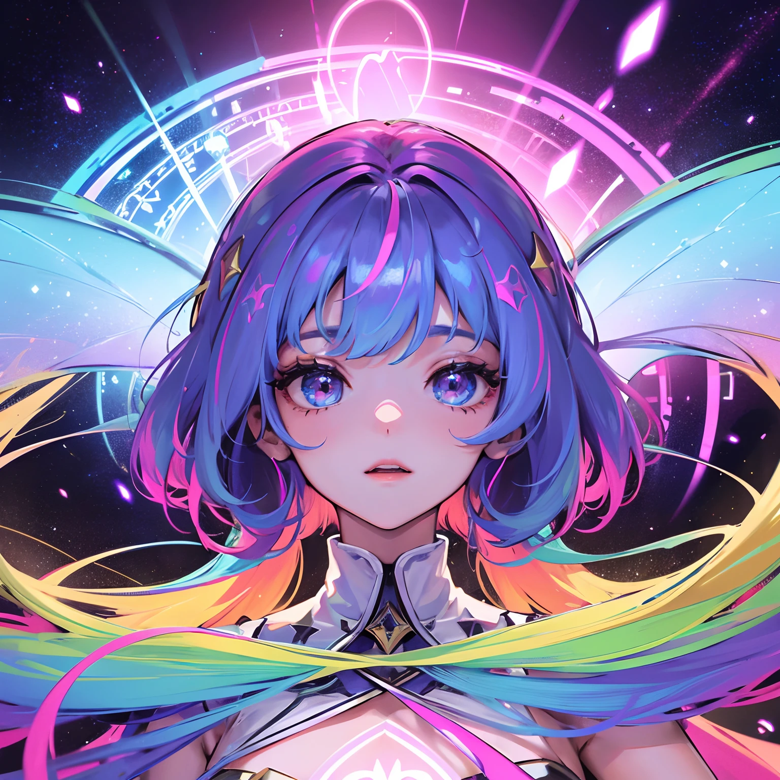 super high image, super detail, super high resolution, portrait, holofilm, many fairies, holograms, background fantasy, galaxy, magic circle, kaleidoscope, give off rainbow and gold neon light many lines radially from floor and ceiling, professional lighting --auto