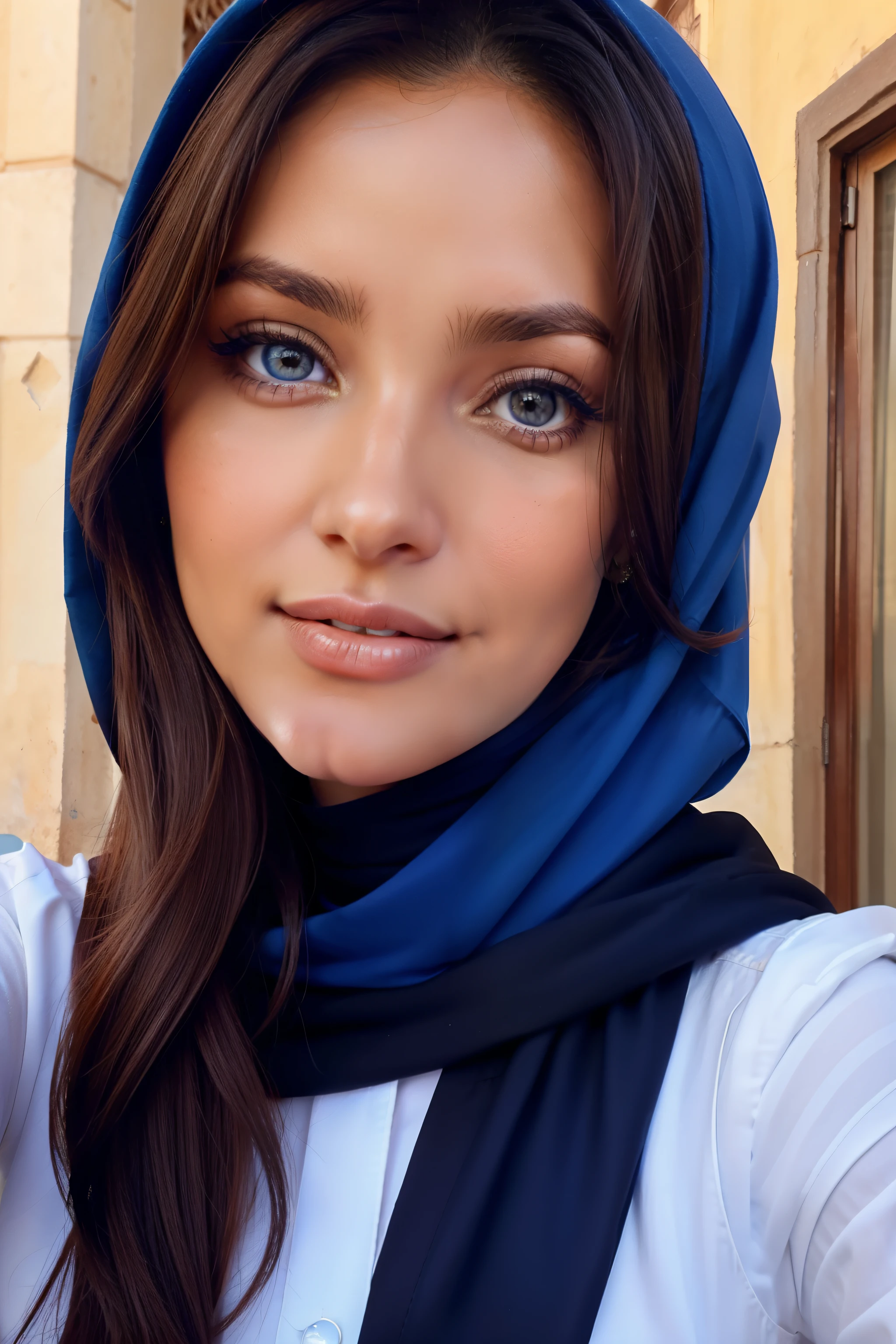 Beautiful face of a Moroccan woman, blue eyes, selfie, no hijab, no scraf, brown hairs