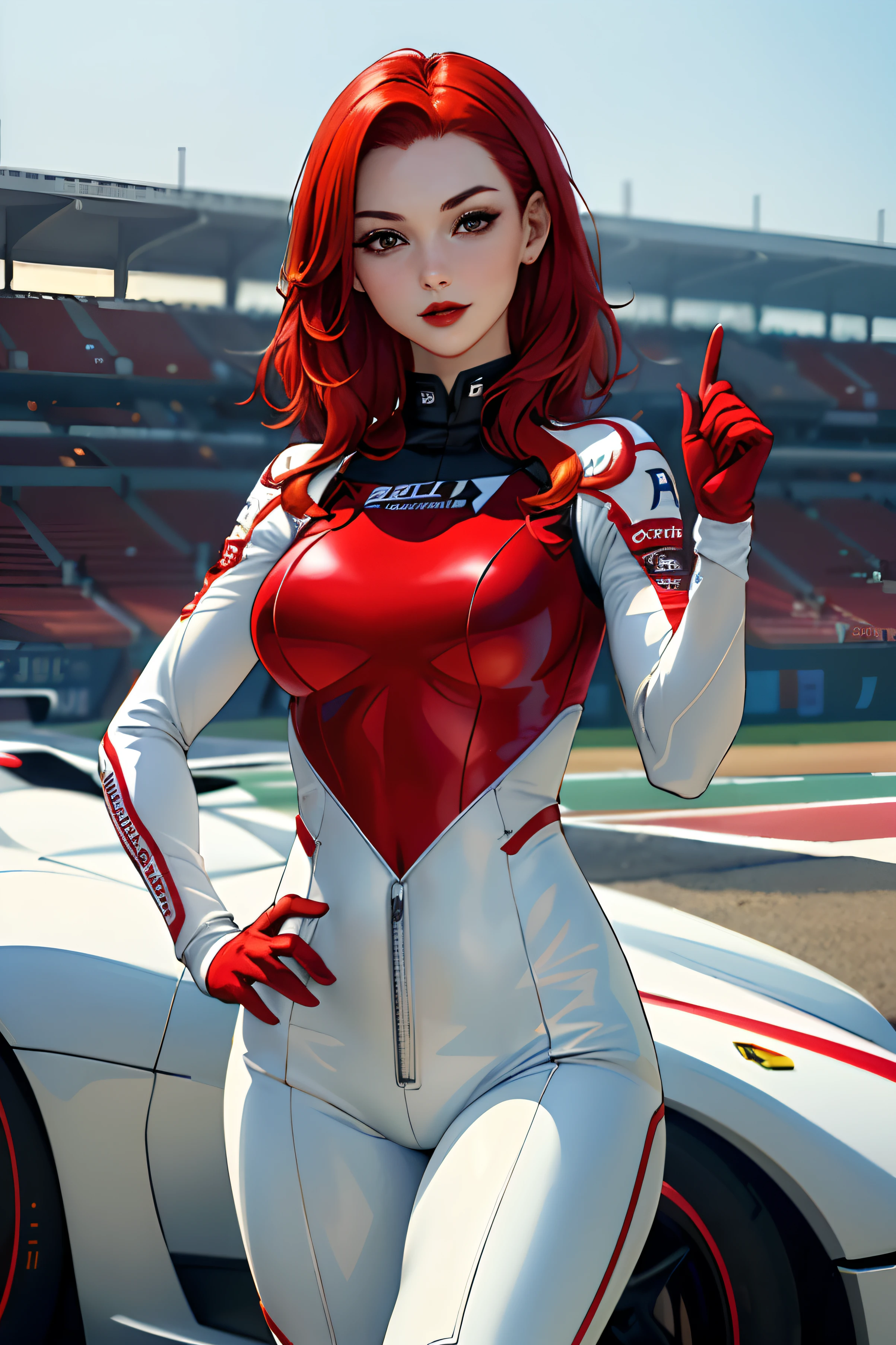 (​masterpiece:1.4)、(top-quality:1.4)、
1girl in, F1's bewitching grid girl, Red-haired, looking at the viewers, 独奏 ,realisitic,(shinny skin),(​masterpiece:1.4),(top-quality:1.4),red-lips、racing venue, bodysuit