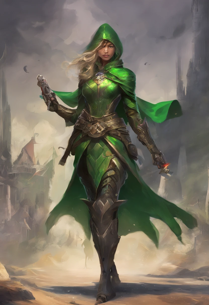 Uma personagem loira de olhos verdes, com uniforme e armas futurista em um mundo medieval de fantasia.