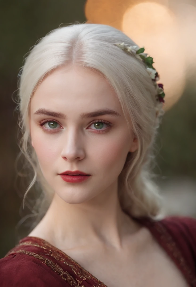 (((a deep reddish wound crosses her left cheek))) fair complexion, woman around 19 years old, natural white hair, distinctive green eyes, wearing kohl, slender and graceful, beautiful, candlelight in a medieval setting, ultra sharp focus, realistic shot, medieval female clothes, tetradic colors (scar:1.4)