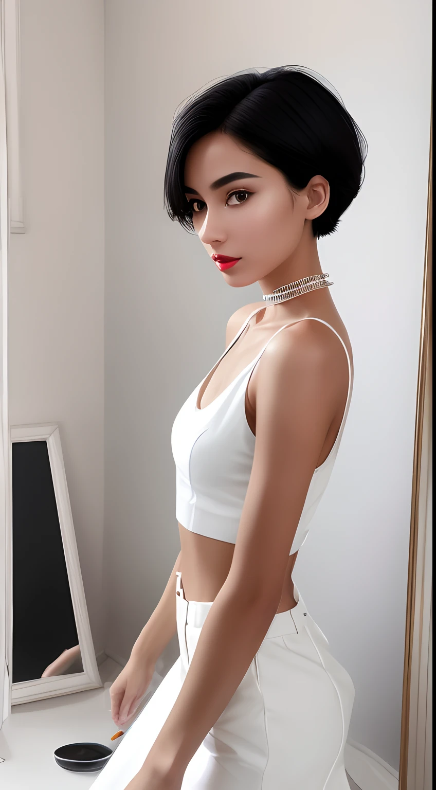 high-quality digital art, short hair, black hair, brown eyes, clear forehead, sideparted hair, red lips, white skin, red nails, picture-perfect face, flawless, clean, masterpiece, (((sharp))) ((focus)) (instagram) (8k) masterpiece, beautiful outfit, delicate tracing, pink accents, digital painting, inside, salon , highly detailed light, cinematic light, high-quality, a digital painting masterpiece, best quality, absurdly high resolution, purring cat, detailed background, mirror, magic, big window, sun, shiny reflection, intricate details, glow, shiny hair, short black hair, lustrous skin, smooth, one girl, full body shot