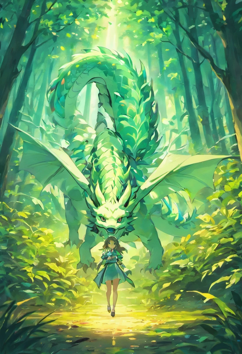 Cute light-colored dragon in forest full of trees and plants, with light reflecting off the dragon