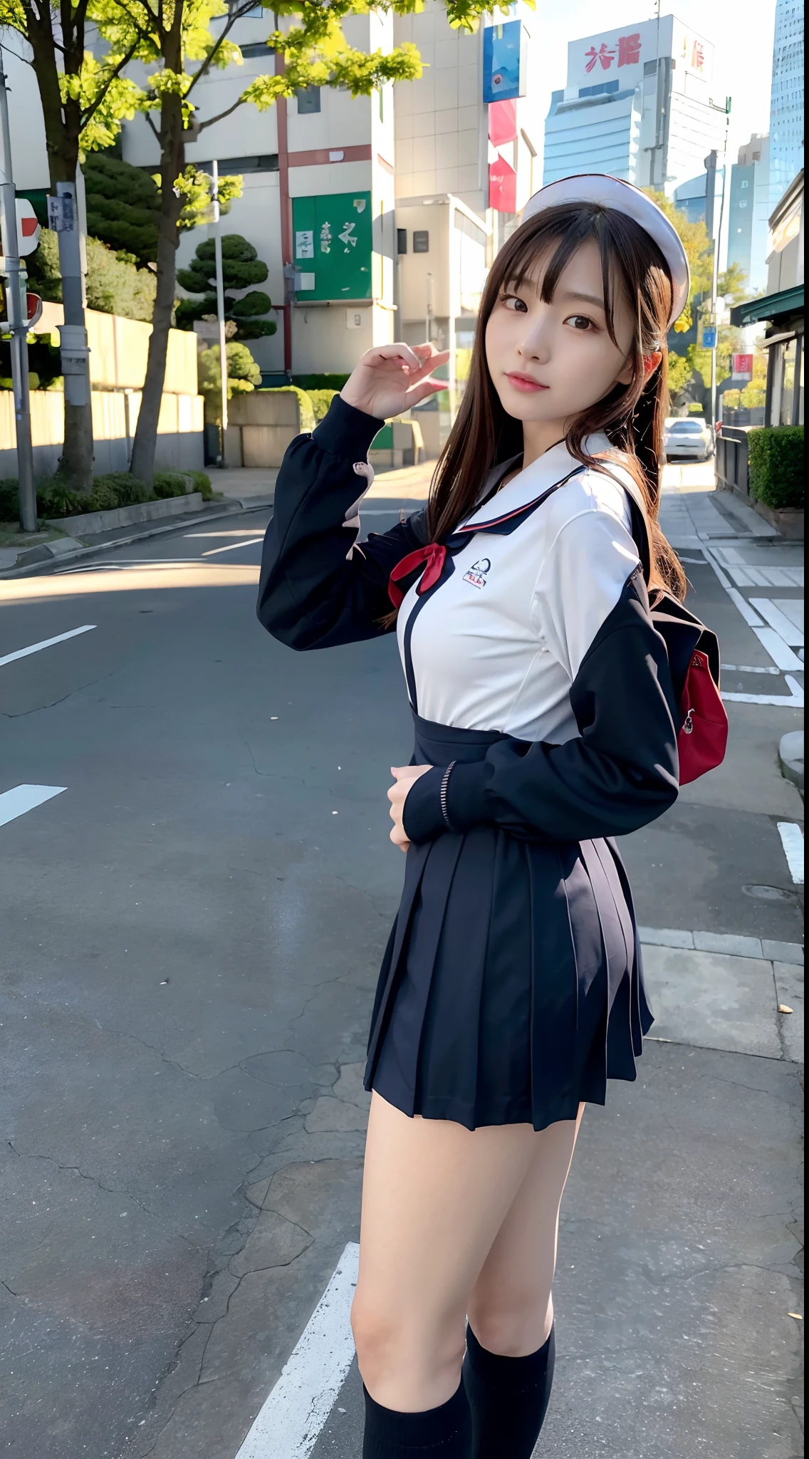 mix4, (16 K, Raw photography, Top image quality, masterpiece: 1.45), (realisitic, Photorealsitic: 1.37), one girls, 7.5, etc、Random hairstyle、Standing figure,Noon time slot、cute little, A city scape,, profetional lighting, photon maping, a park、physically-based renderingt, Gradient dark brown hair,, a handsome, Well-groomed and beautiful eyes、Large double eyelids、Very shiny、girl with, (((student clothes、Long sleeve sailor suit worn by Japan girl、red cuffs、Dark blue mini skirt, Small gray beret、Dark blue knee-high socks、Black loafers))), Top Quality Photos, hight resolution, 1080p, (clearface), (Detailed face description), (Detailed hand description), (masterpiece), (Exquisite CG)、extreme light and shadows、dishevled hair、master work、abundant detail、(Fine facial features)、(top quality photo)、(masuter piece)、(A detailed eye)、Look in front of you、Fine clavicle、((Slender big))、(((Japan schooln long-sleeved sailor suit)))、((Ready Idol System))、((In front of the station、Road at the intersection))、(Shooting from random perspectives)、(((Anyway cute)))、耳Nipple Ring、A big smile、Drawing the whole body from the knees、Do not draw nasolabial folds、(((Long-sleeved sailor suit)))、(Big breasts that hang down big:1.2)、Big buttocks with tension、Two arms and two legs、(((from the front side:0.4)))、bare hand、No mask