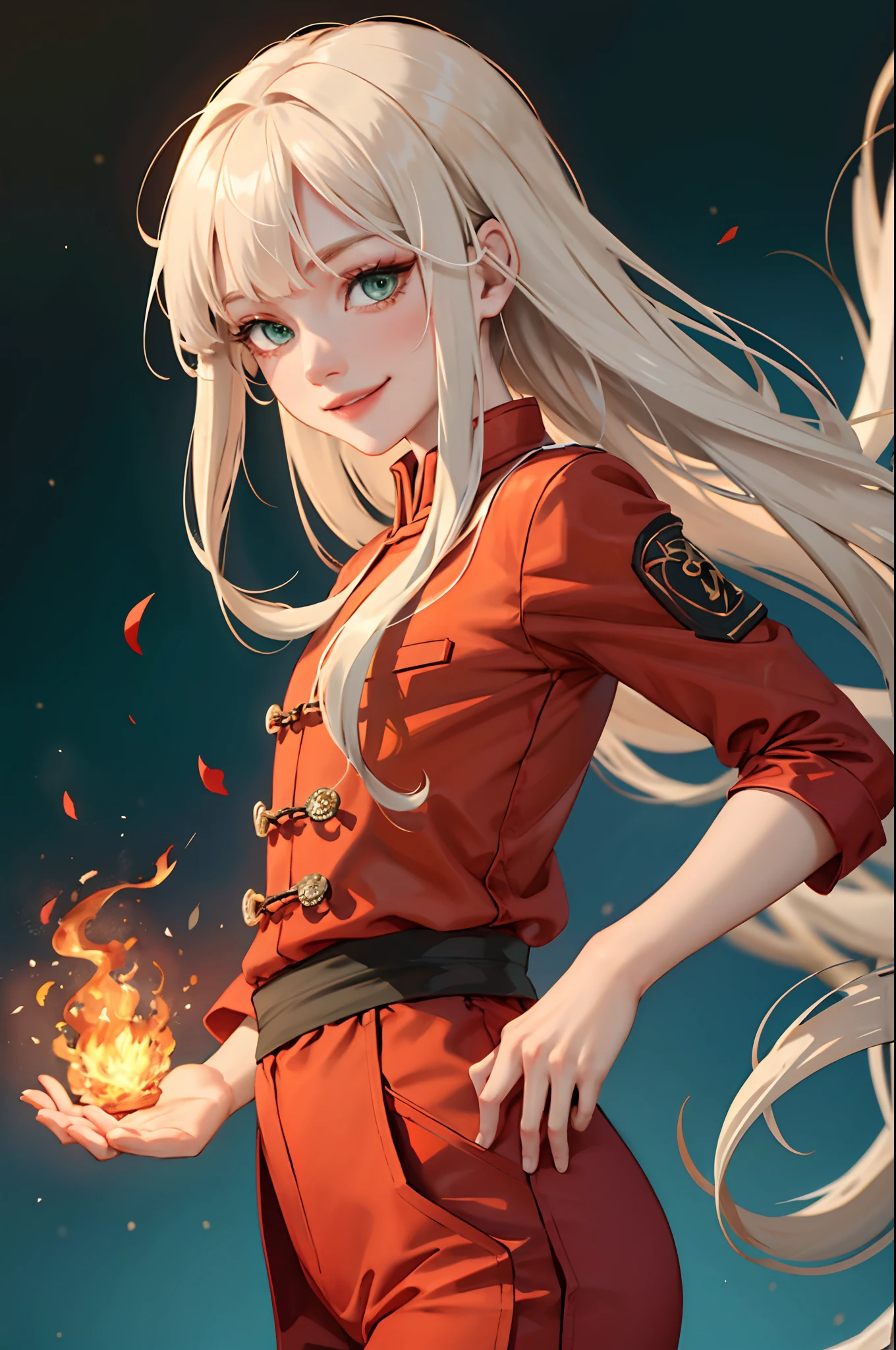 (masterpiece:1.2, best quality), (real picture, intricate details), 1lady, solo, upper body, casual, long hair, minimal makeup, natural fabrics, close-up face, smile, smiling, really long light platinum blonde hair, really long hair, bangs, voluminous hair, green eyes, emerald green eyes, ???, child, little girls tiny, petite, small, firebender clothing, red clothing, pants, top, firebender pants, fire bender top, Korean bangs, cute bangs, 1child, 1little girl, 1kid, (fire bender uniform), Firebender, red clothing, Firebending, firebender (Avatar the Last Airbender), (green eyes)