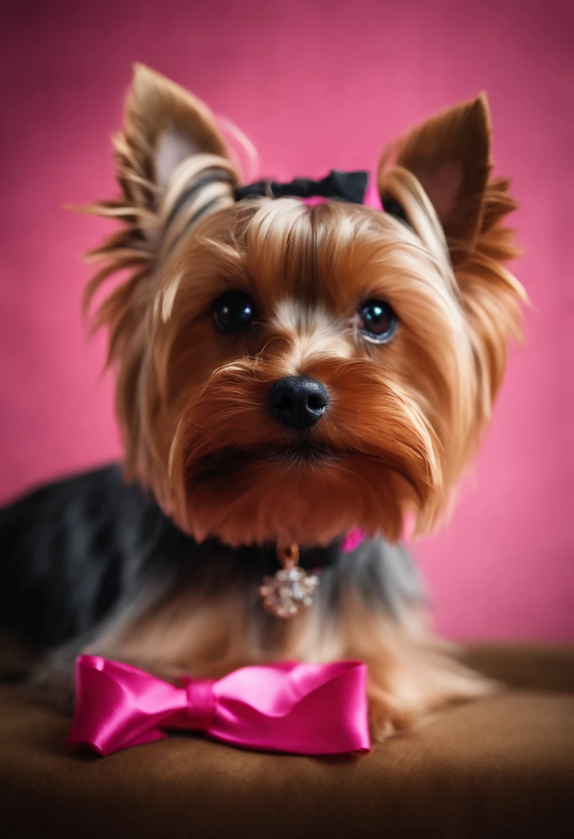 Knife a 2kg Golddust Yorkshire Terrier Dog, femea, usando chapeu rosa e segurando um papel nas patas da frente