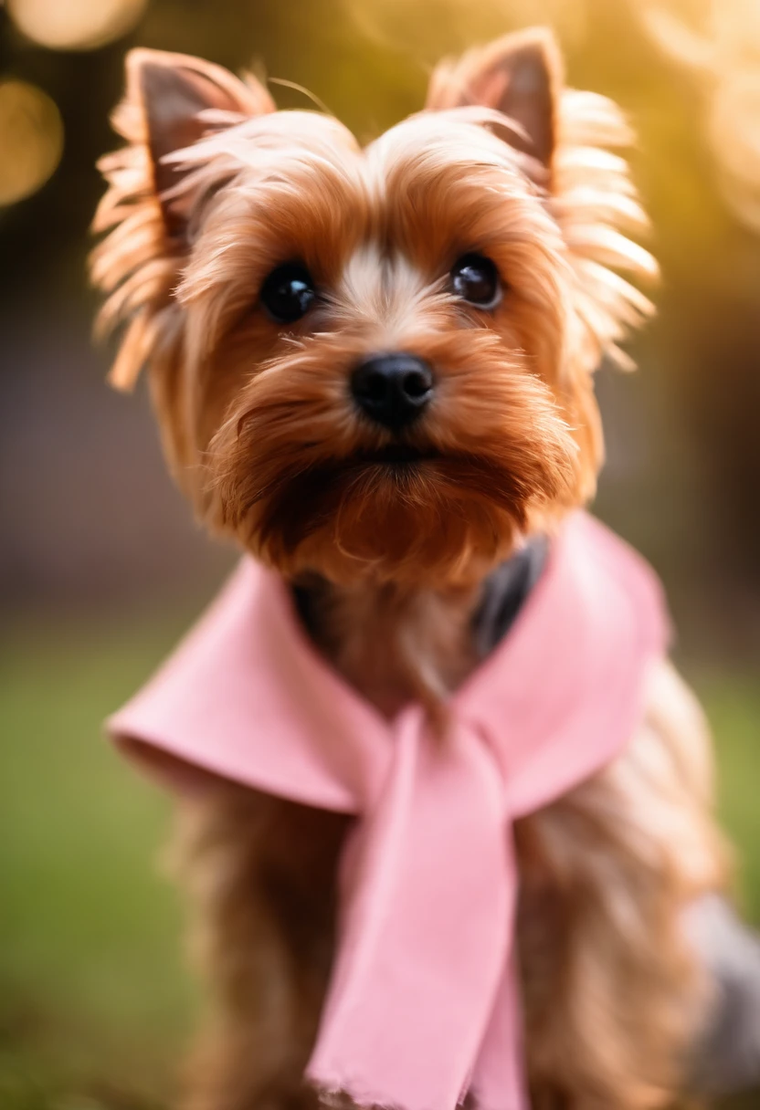 Knife a 2kg Golddust Yorkshire Terrier Dog, femea, usando chapeu rosa e segurando um papel nas patas da frente