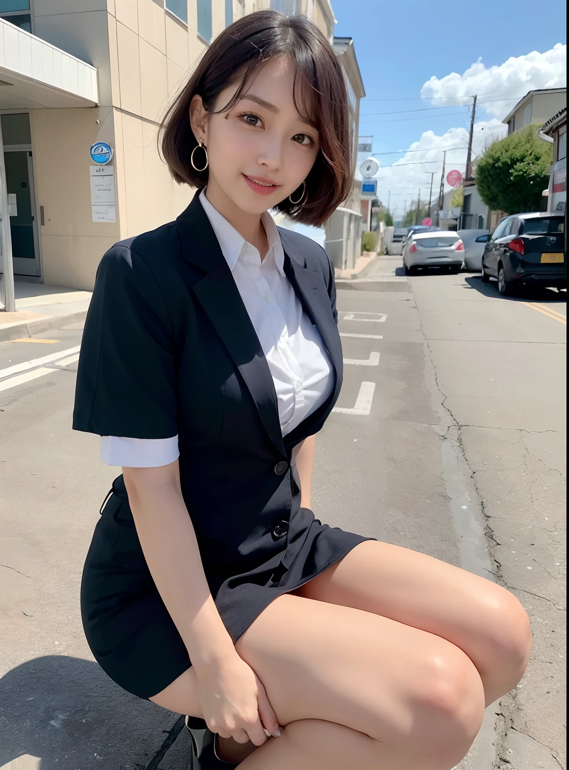 ((full body)),((full pose picture)) Masterpiece: 1.3), (8K, Photorealistic, RAW Photography, Best Quality: 1.4), Japan Girls, Standard Body Shape: 1.3, (light brown straight bob Hairstyle: 1.4), Ultra Detail Face, Eyes of Detail, Double Eyelids, slim legs, slim body, 20 years old girl, teen, ((squatting:1.4)), Slouching Breasts, Sharp Focus: 1.2, Pretty Women: 1.4, Light black Hair, Top Quality, wink, blushing, Masterpiece, ((smile:1.3)), Ultra high resolution, firm buttocks, black eye shadow, (photorealistic: 1.4), very detailed and professional lighting serious smile, office suit:1.4, hotel room, black skirt, black platform heels, spread legs:1.3,