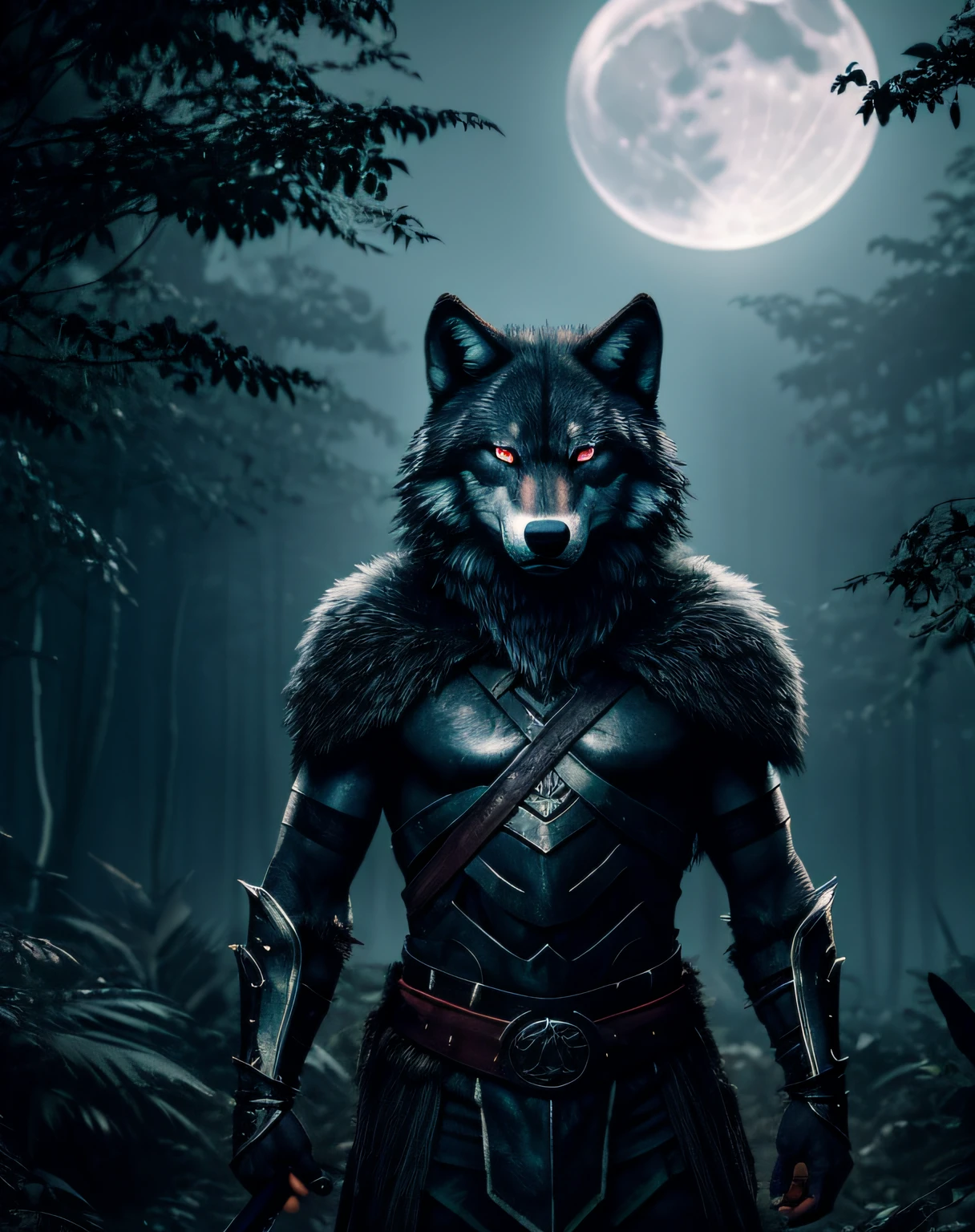 a photo of a human with wolf mask, standing in the dark jungle with red eyes, holding sword, wearing gladiator clothes, surrounded by trees, night, super extremely details, photography, realistic, cinematic, moonlight, neon light, red light, diffused lighting, volumetric lighting, blue color grading, horror, highly quality, 8k